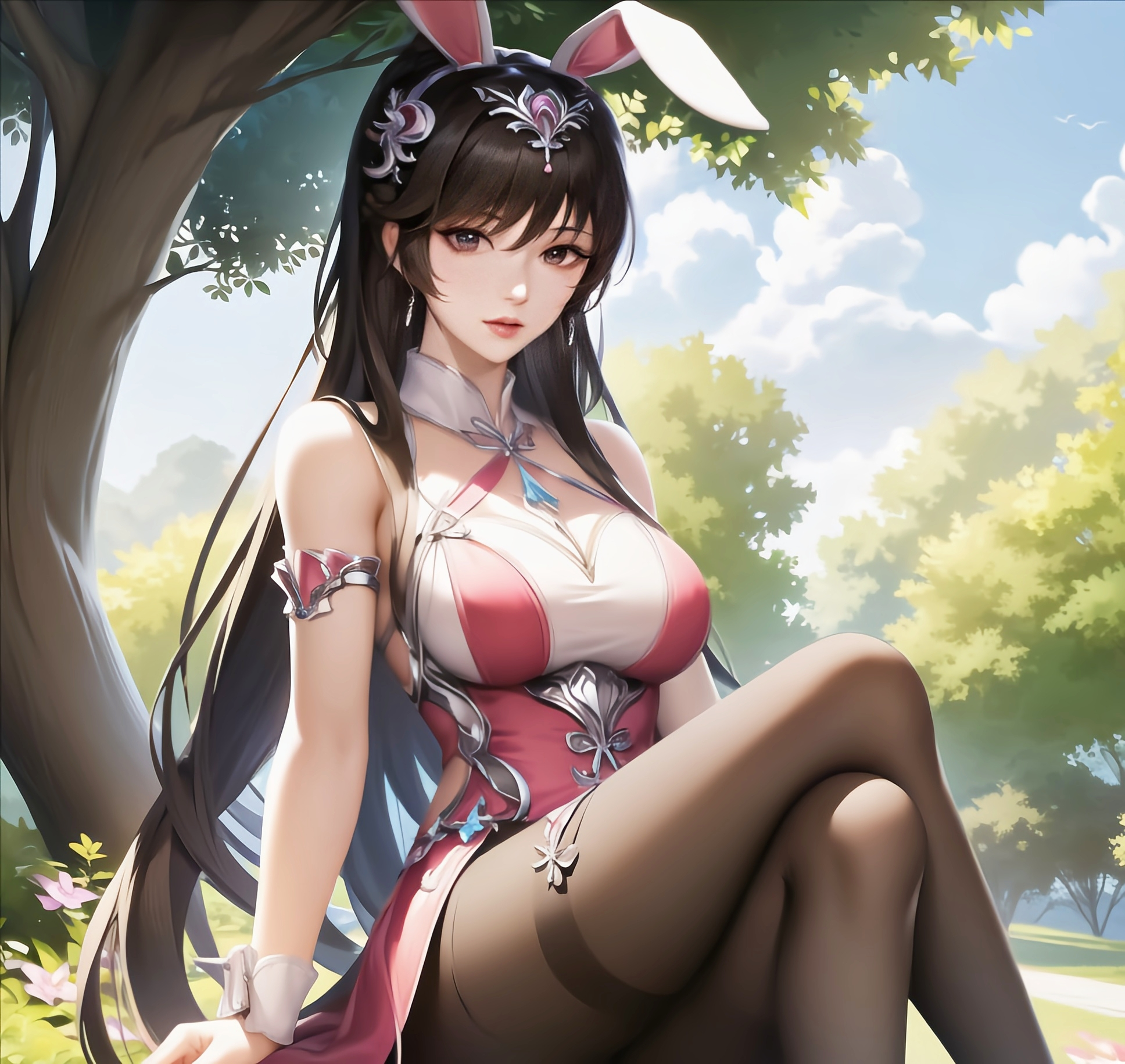 Anime 1936x1832 Little Dance Douluo Continent Douluo Dalu AI art anime girls sitting bunny girl bunny ears sky clouds long hair legs crossed big boobs looking at viewer digital art sunlight flowers trees leaves pantyhose