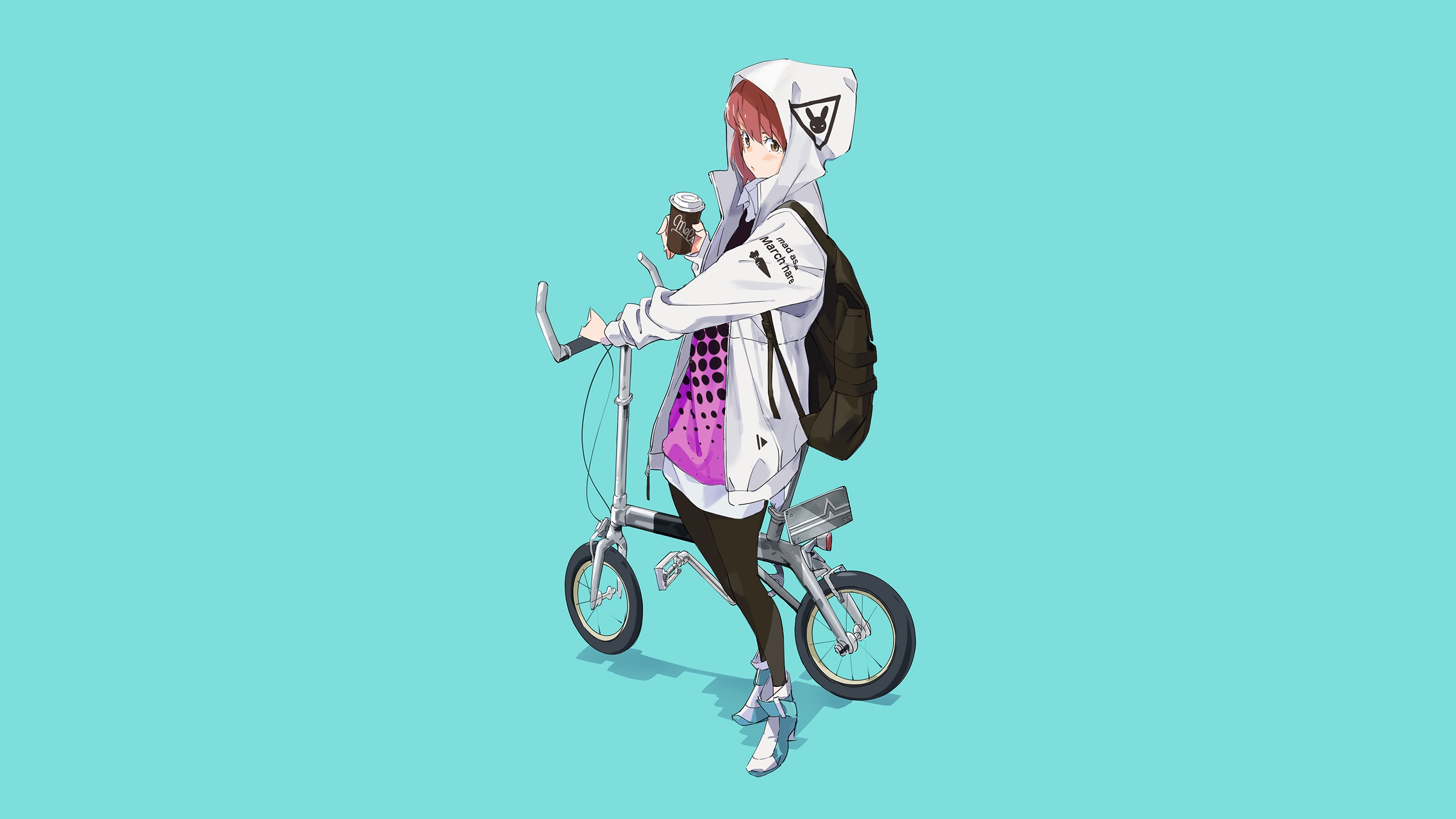 Anime 2667x1500 anime anime girls original characters simple background artwork drawing Popman3580 standing blue background hoods bicycle backpacks drink looking at viewer jacket