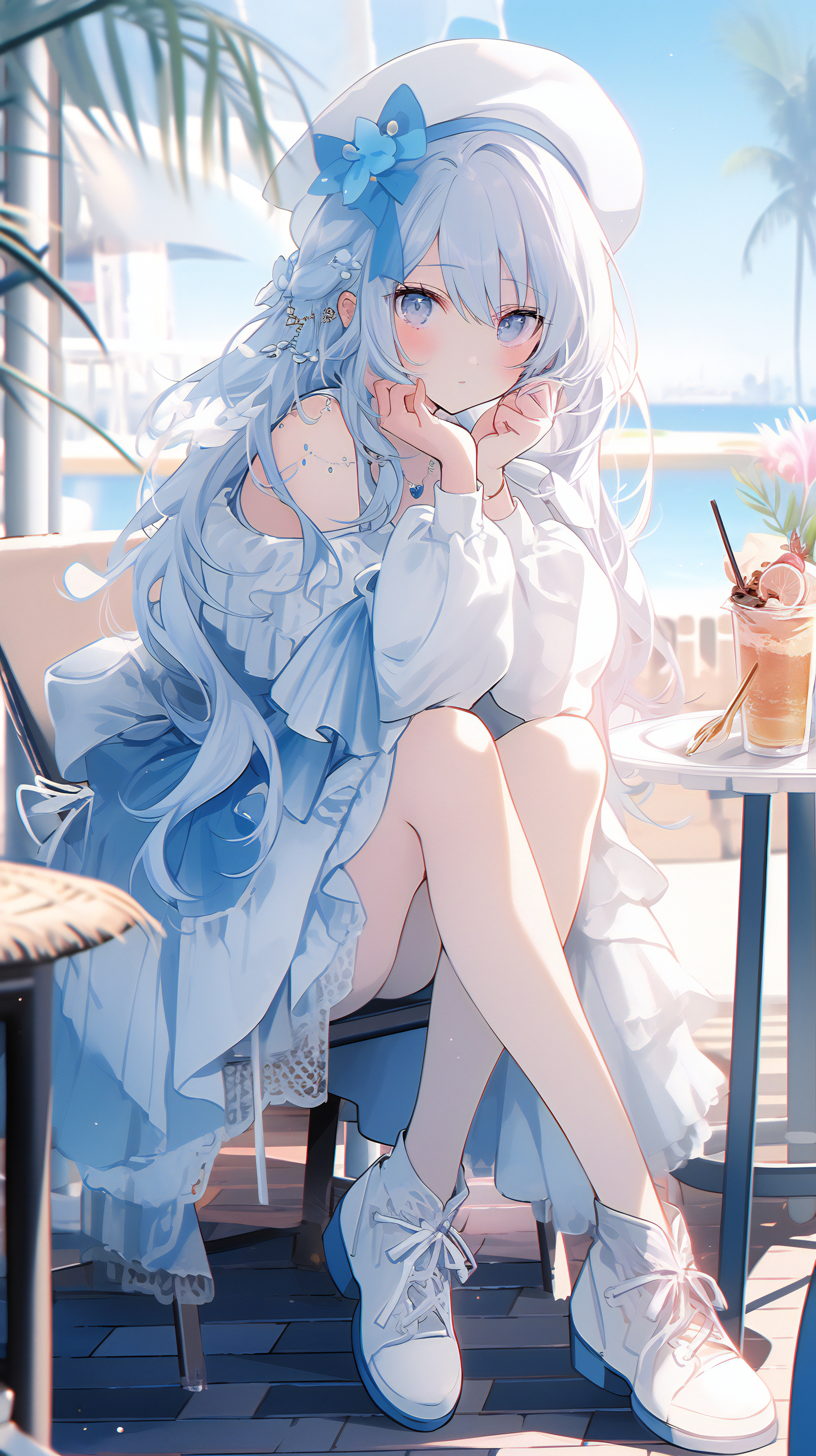 Anime 3264x5824 White Heart blue eyes blushing AI art portrait display sitting anime girls blue hair looking at viewer drink sky hat chair table digital art sunlight dress necklace
