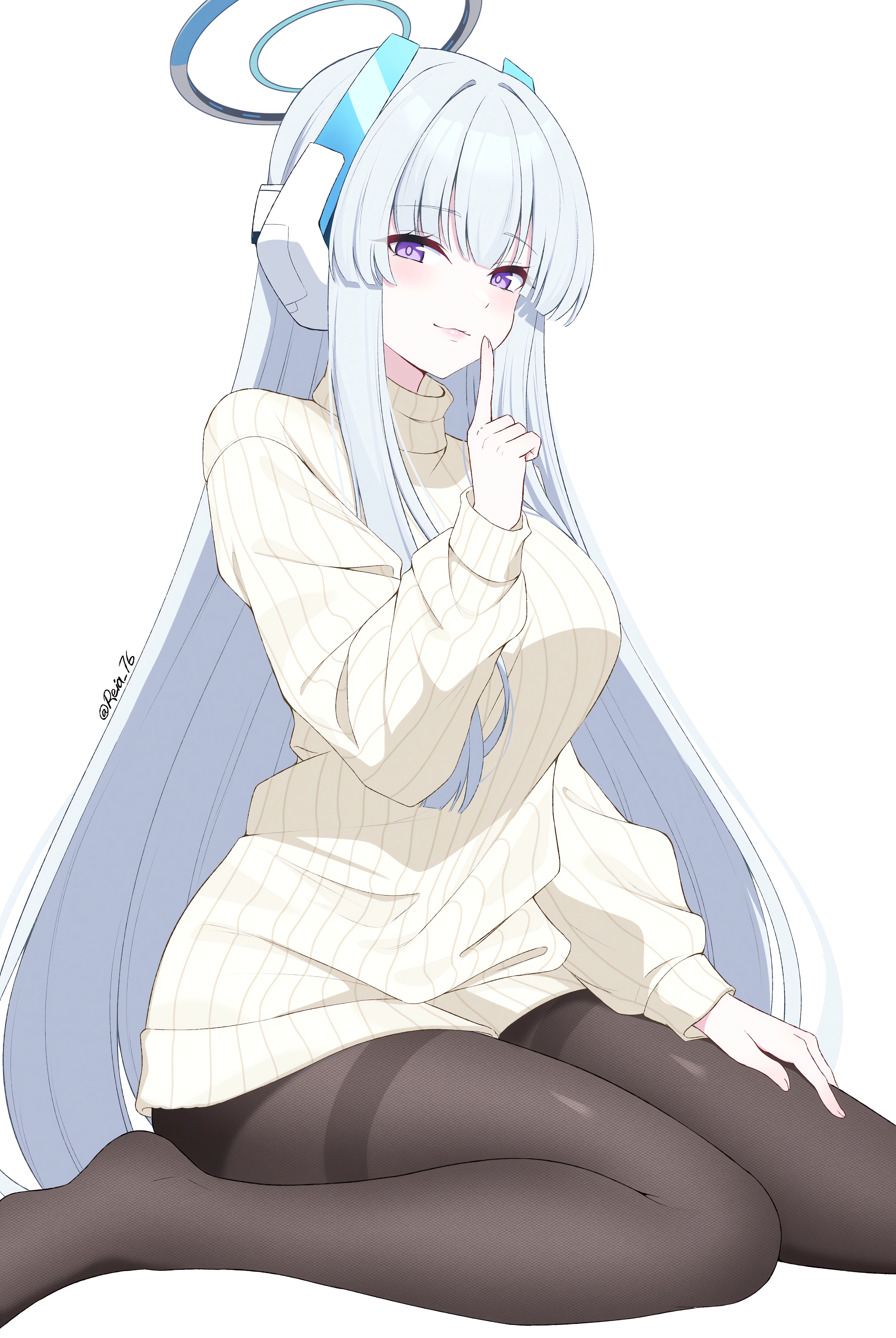 Anime 3160x4716 anime anime girls Pixiv portrait display Ushio Noa smiling long hair Blue Archive pantyhose watermarked purple eyes hush gesture white background silver hair looking at viewer