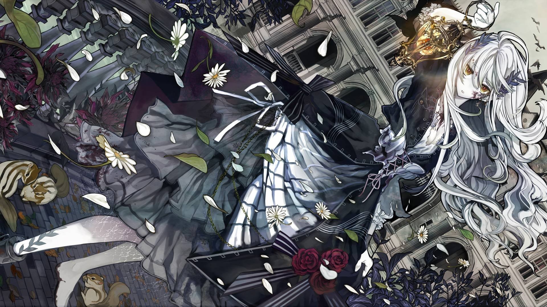 Anime 1920x1080 anime girls Gothic looking at viewer long hair white hair orange eyes petals flowers leaves standing mansions dress squirrel animals