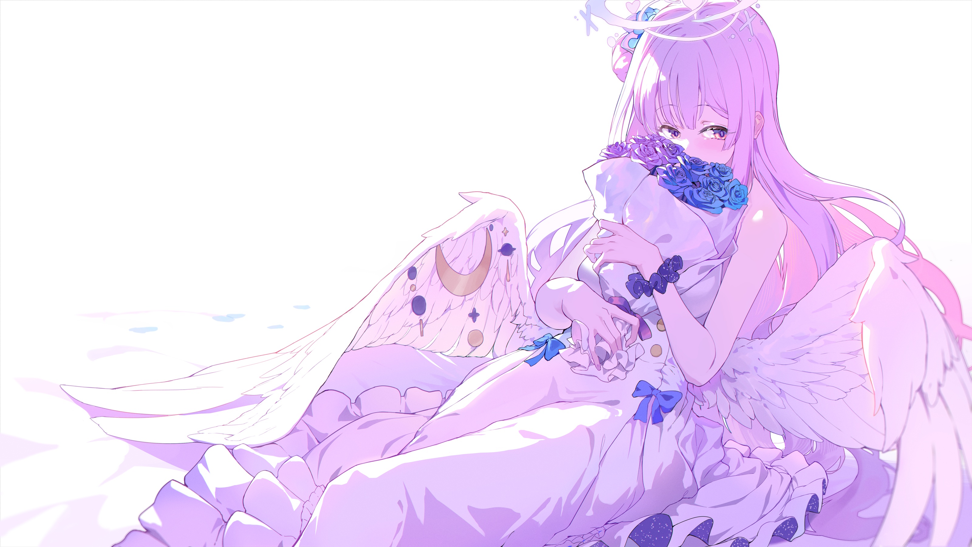 Anime 3200x1800 anime anime girls Blue Archive Misono Mika wings bouquet flowers long hair pink hair yellow eyes hairbun dress simple background looking sideways white background