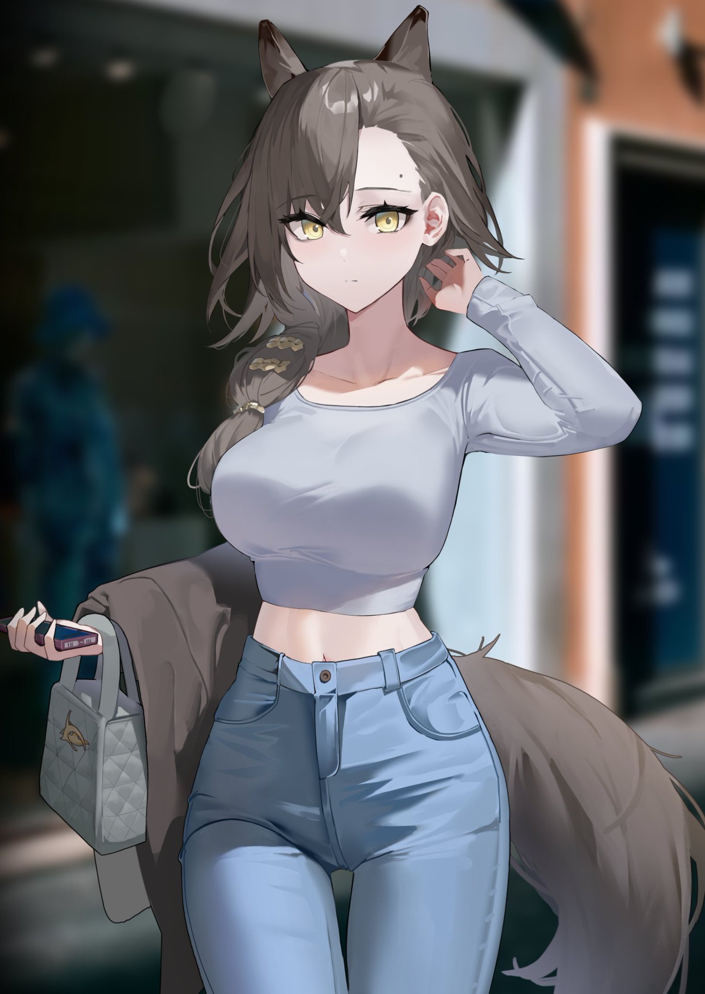 Anime 1453x2048 anime girls Arknights Penance(Arknights) braids brunette yellow eyes looking at viewer phone blurred blurry background purse fox girl fox ears fox tail portrait display moles AI art