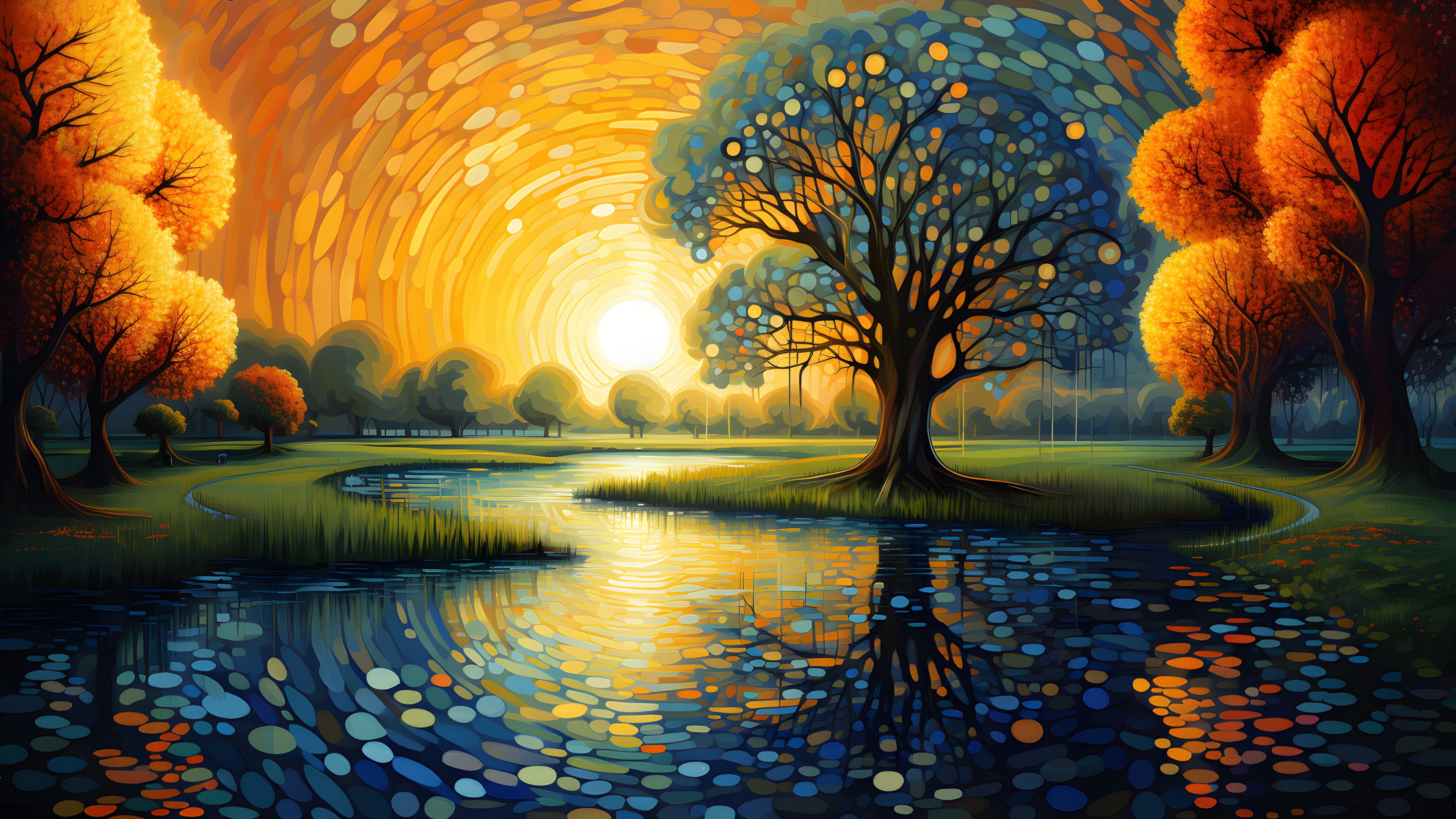 General 3840x2160 AI art landscape digital art water trees sunlight Sun grass nature reflection