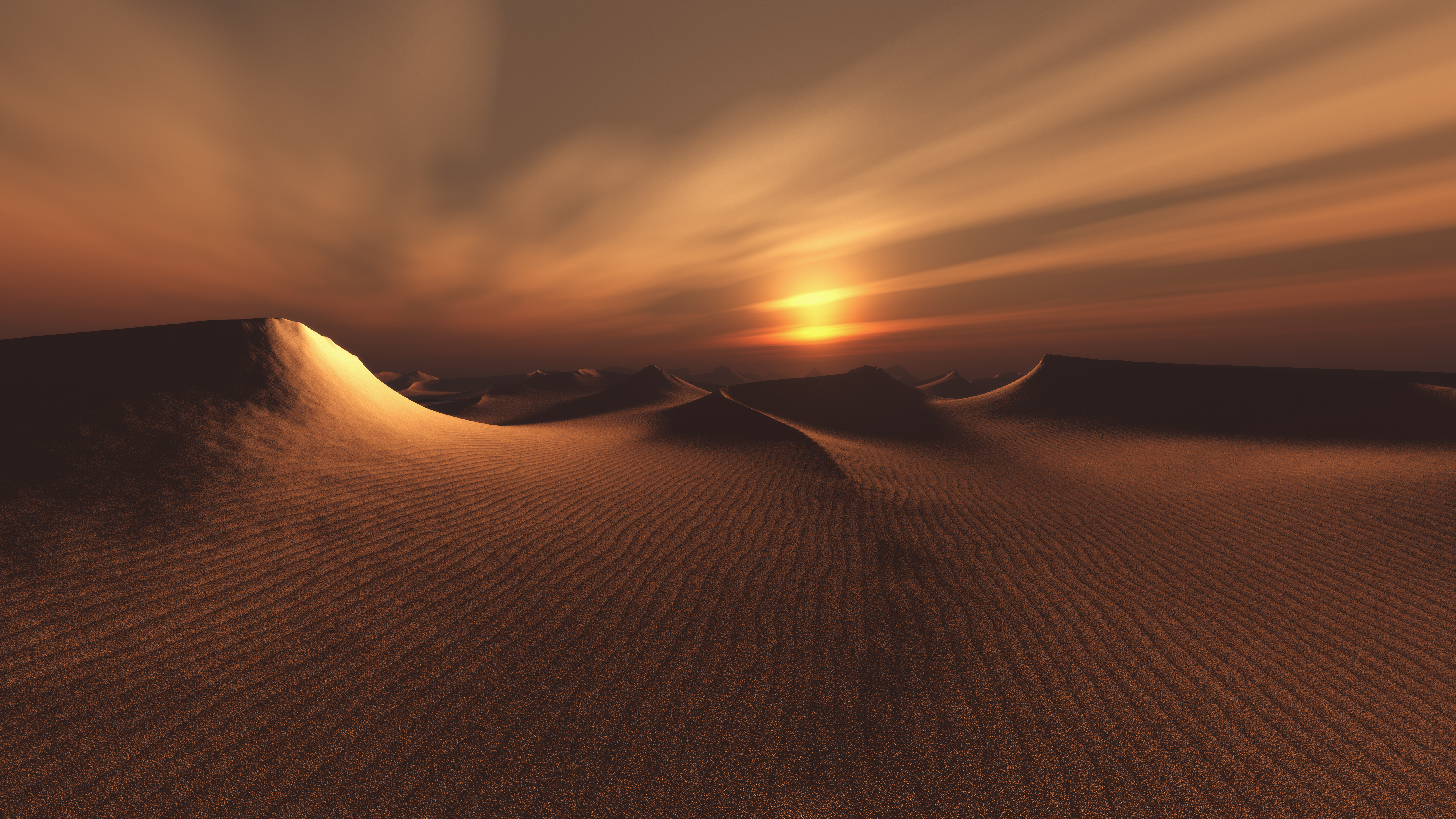 General 5120x2880 desert landscape dunes sand sunset sky clouds nature sunlight sunset glow low light