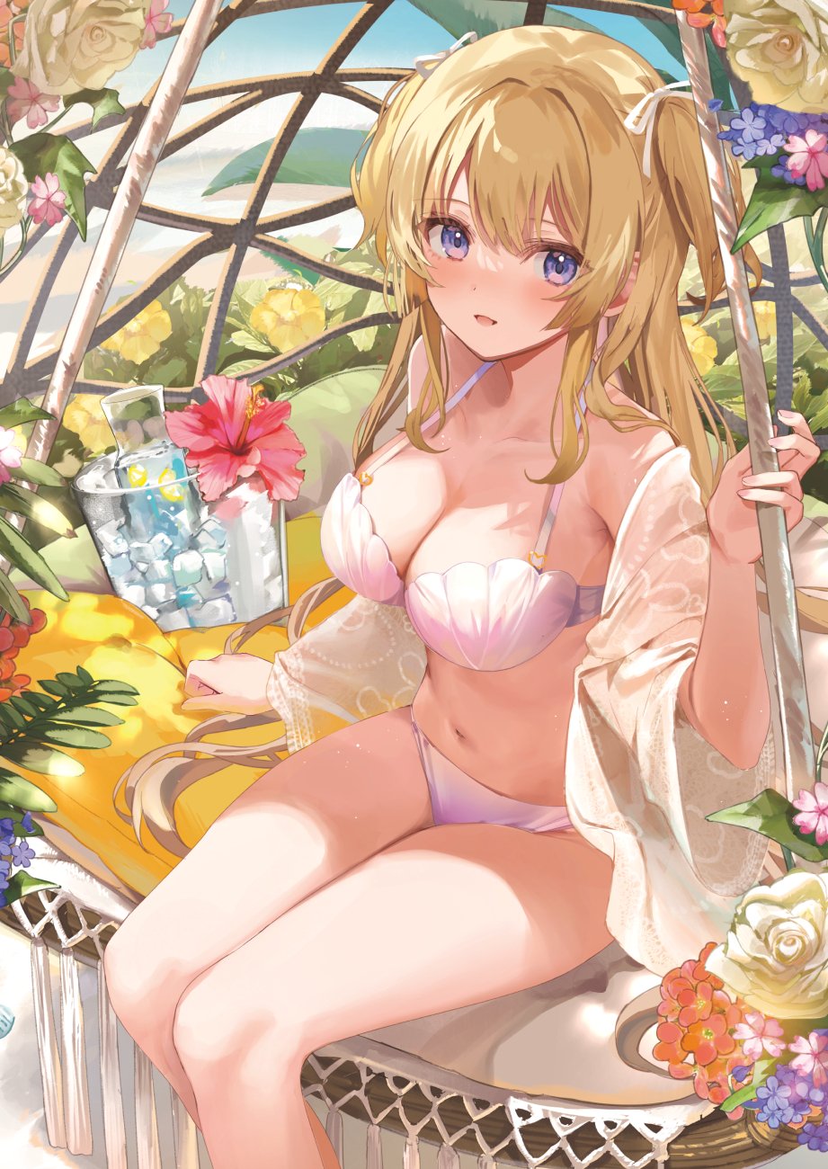 Anime 921x1300 anime girls portrait display underwear big boobs looking at viewer cleavage pink underwear hibiscus long hair pink panties pink bra red flowers flowers open shirt purple eyes plants hair ribbon sidelocks pink lingerie twintails lingerie women outdoors see-through clothing belly belly button white shirt smiling Kanda Done blushing sitting panties drink