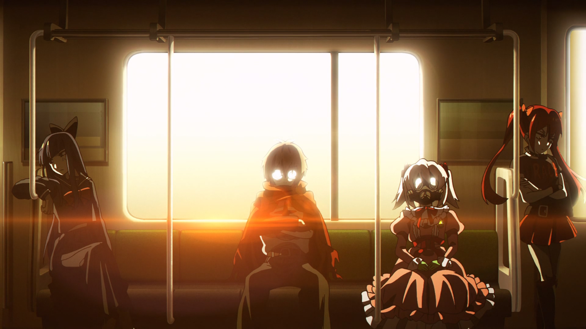 sitting, Mahou Shoujo Magical Destroyers, anime, anime girls, anime boys,  gas masks, twintails, dress, train
