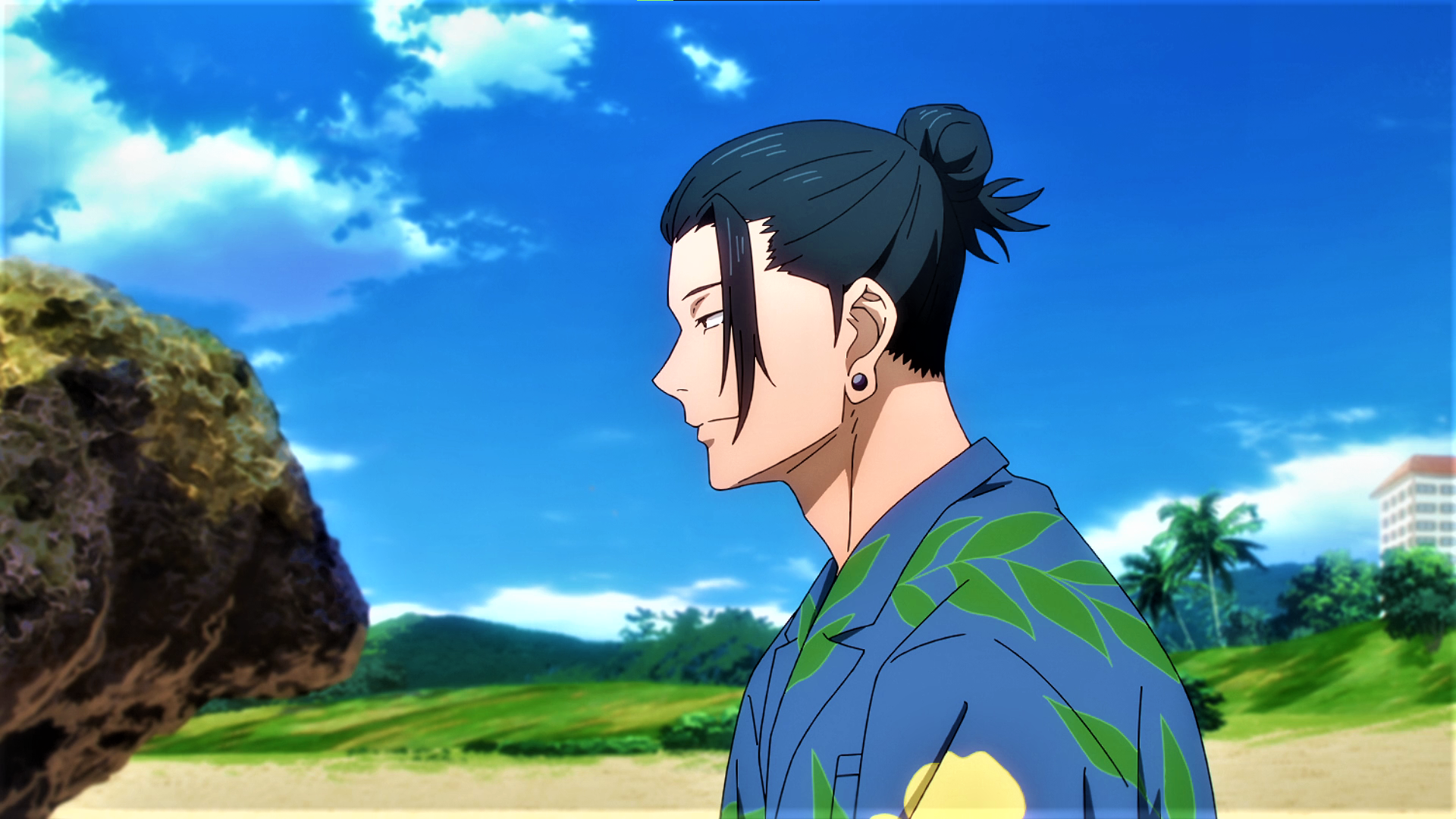 Anime 1920x1080 Jujutsu Kaisen Suguru Geto earring Bun sky clouds palm trees sand anime anime screenshot anime boys