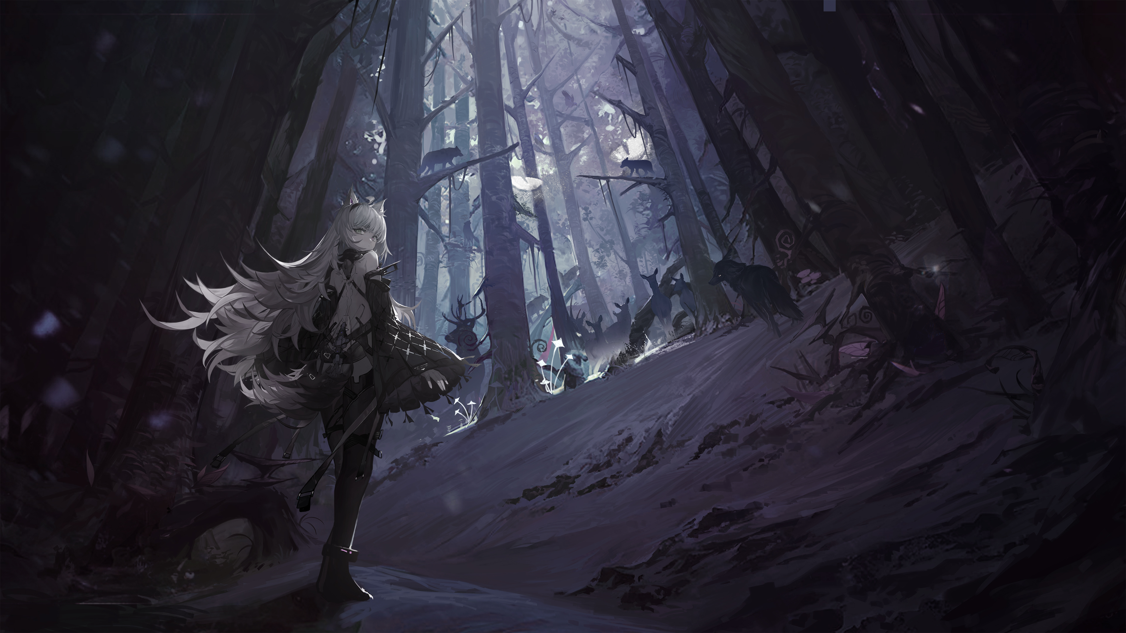 Anime 3840x2160 anime anime girls standing long hair wolf ears wolf tail wolf girls trees looking at viewer forest animals looking back Punishing: Gray Raven