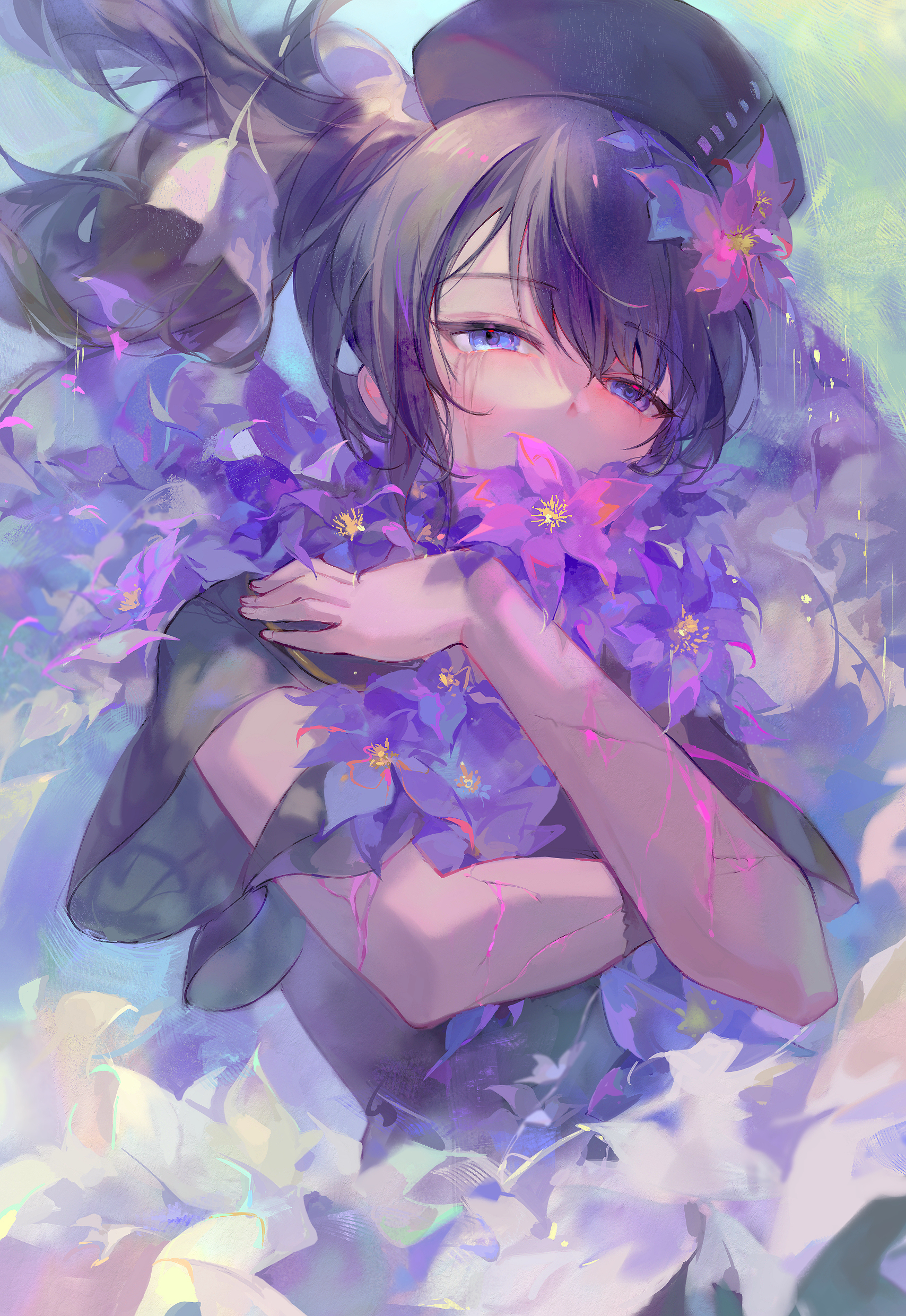 Anime 1708x2480 anime anime girls portrait display flowers hat long hair blue eyes looking at viewer