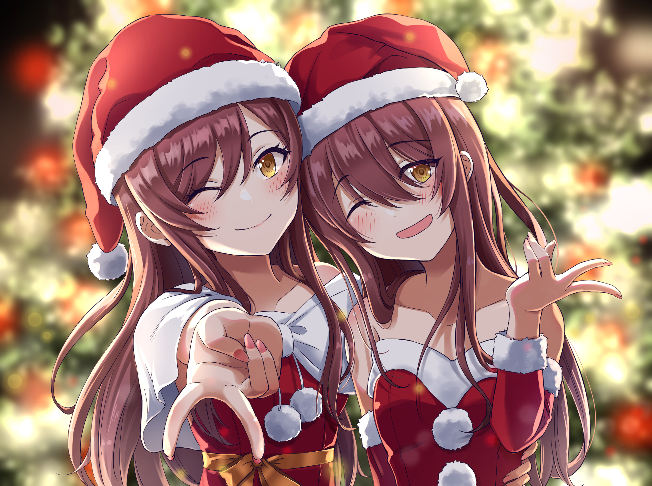 Anime 2123x1584 anime anime girls THE iDOLM@STER THE iDOLM@STER: Shiny Colors Oosaki Amana Oosaki Tenka long hair brunette two women twins artwork digital art fan art blurred blurry background smiling looking at viewer blushing Christmas clothes Christmas tree Christmas lights