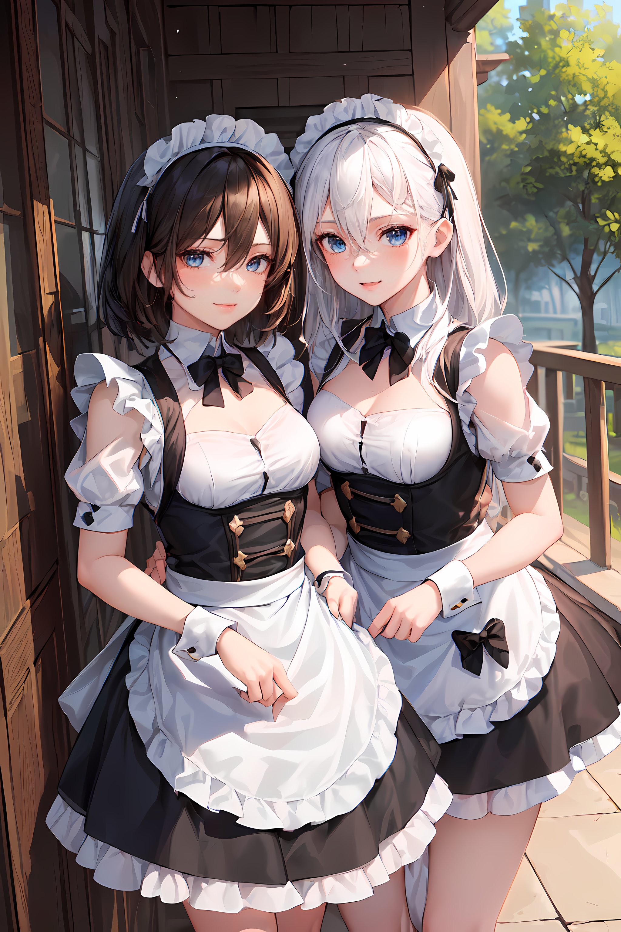 Anime 2048x3072 AI art maid maid outfit original characters anime girls anime shoulder length hair black hair white hair two women artwork digital art portrait display looking at viewer blushing standing bow tie trees sunlight