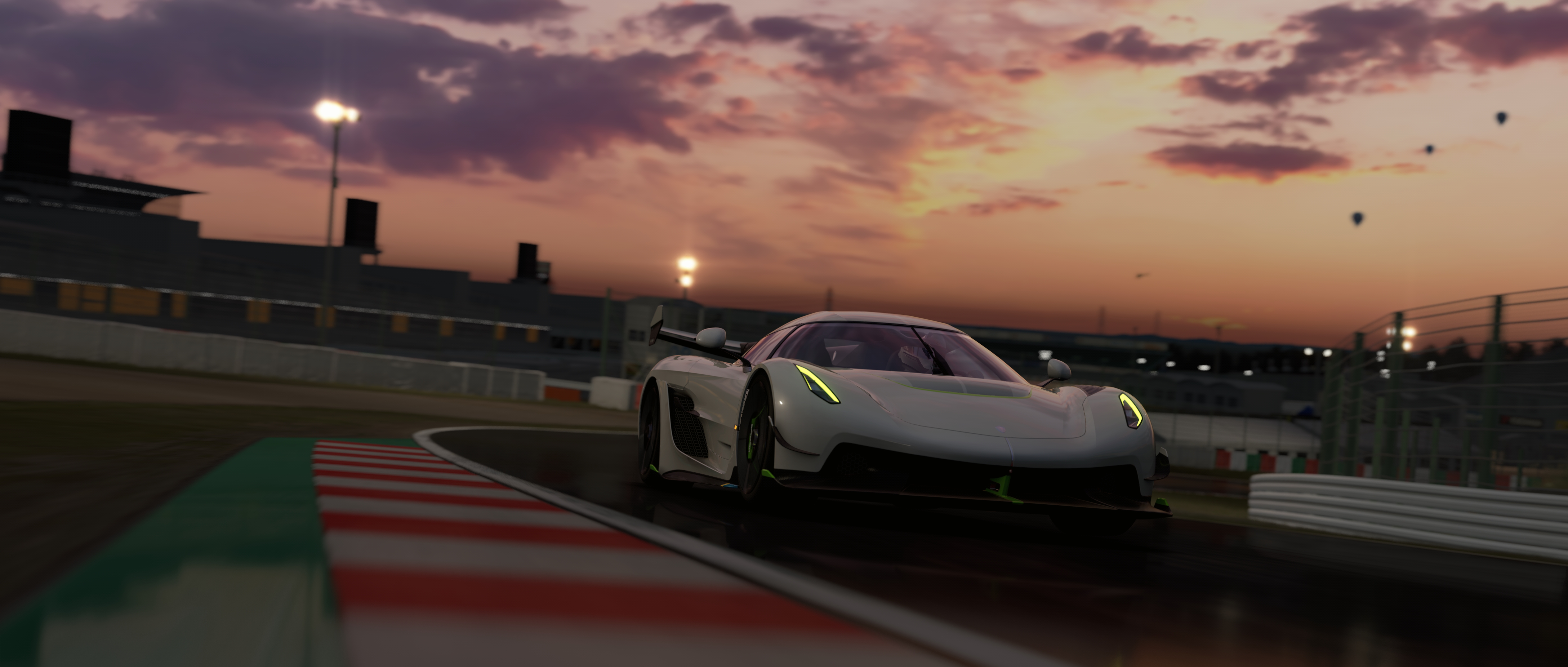 General 7680x3269 Koenigsegg Jesko tracks PC gaming Assetto Corsa video games car frontal view race tracks clouds sky sunset sunset glow blurred blurry background CGI