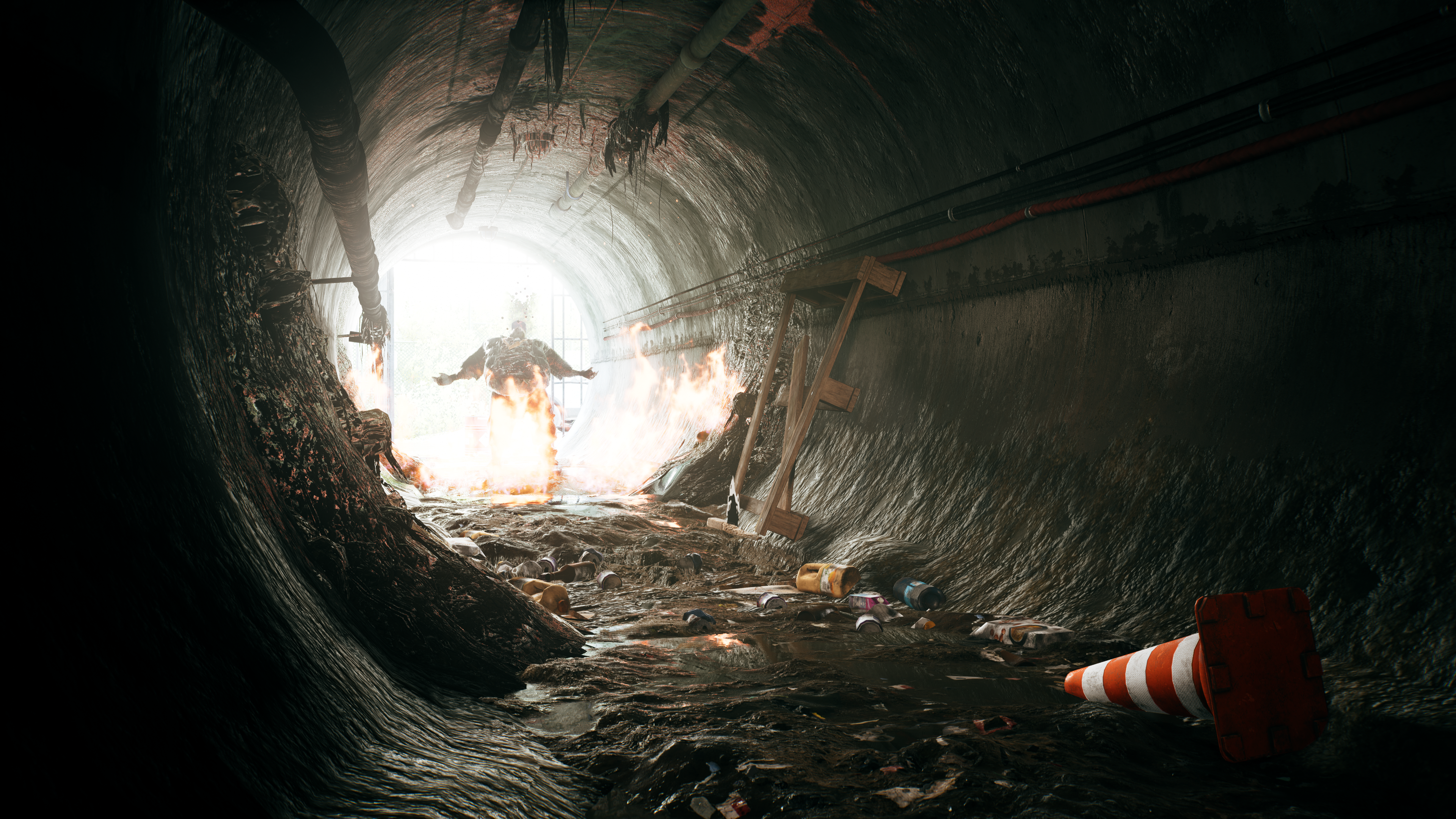 General 3840x2160 Dead Island 2 Nvidia RTX tunnel pipes traffic cone video games CGI fire sunlight