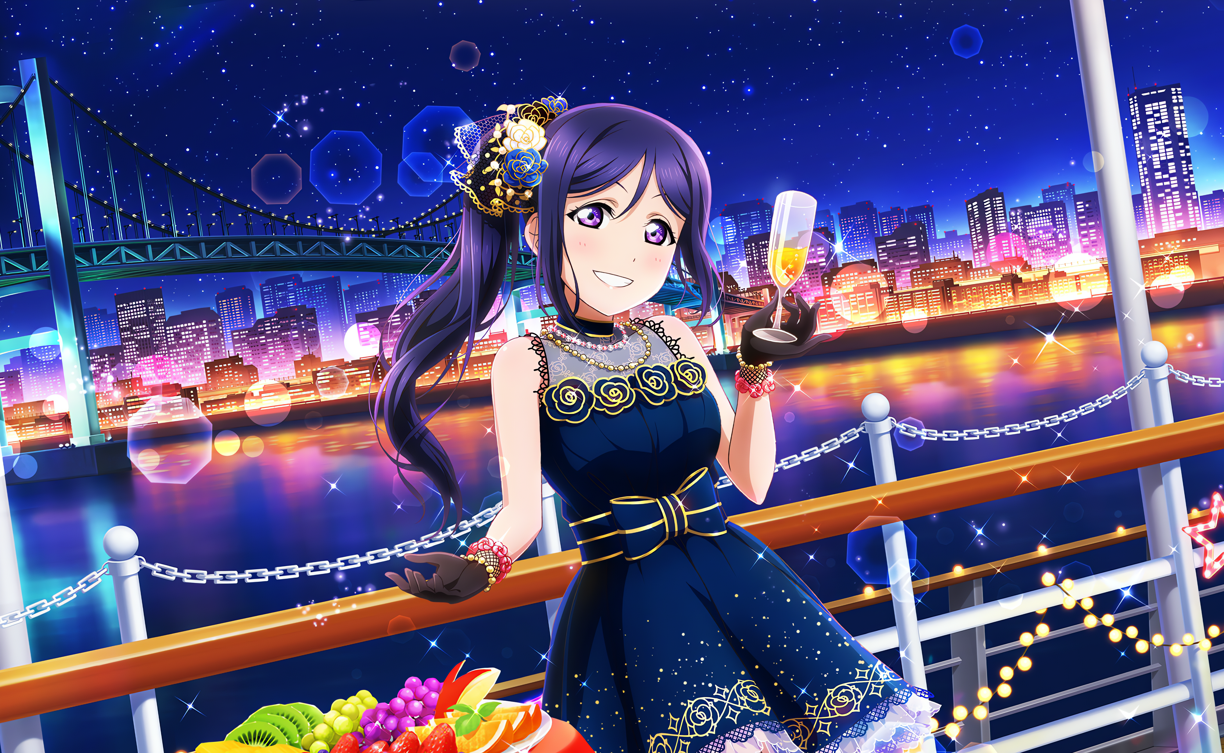 Anime 4096x2520 Matsuura Kanan Love Live! Love Live! Sunshine anime anime girls gloves champagne glass bridge stars sky looking at viewer dress water city city lights fruit necklace