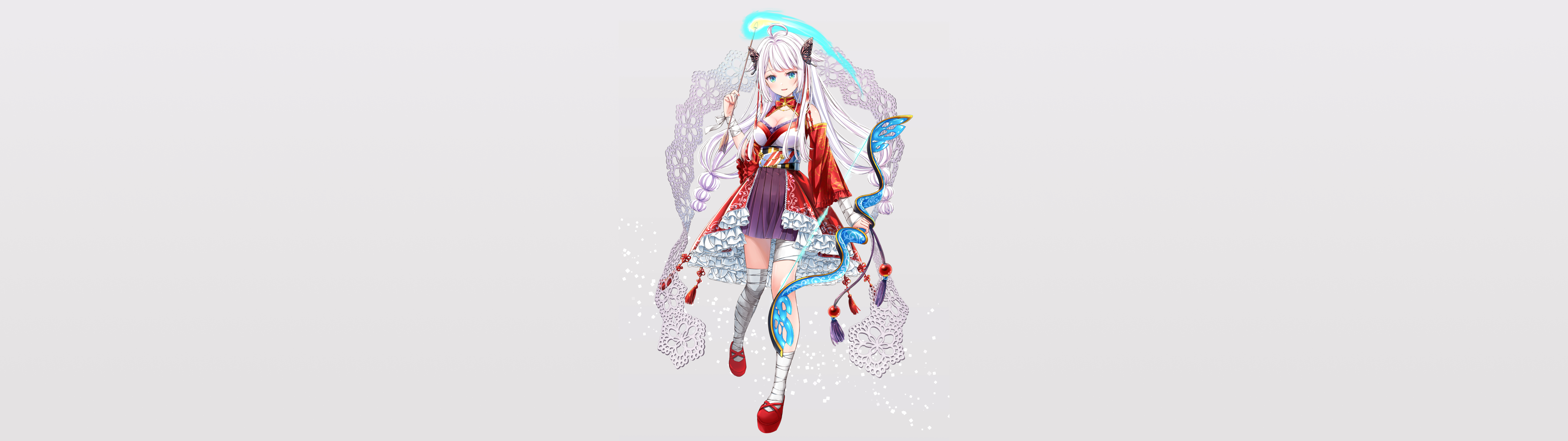 Anime 5120x1440 wide screen ultrawide anime girls minimalism simple background white background long hair white hair bow and arrow cleavage looking at viewer