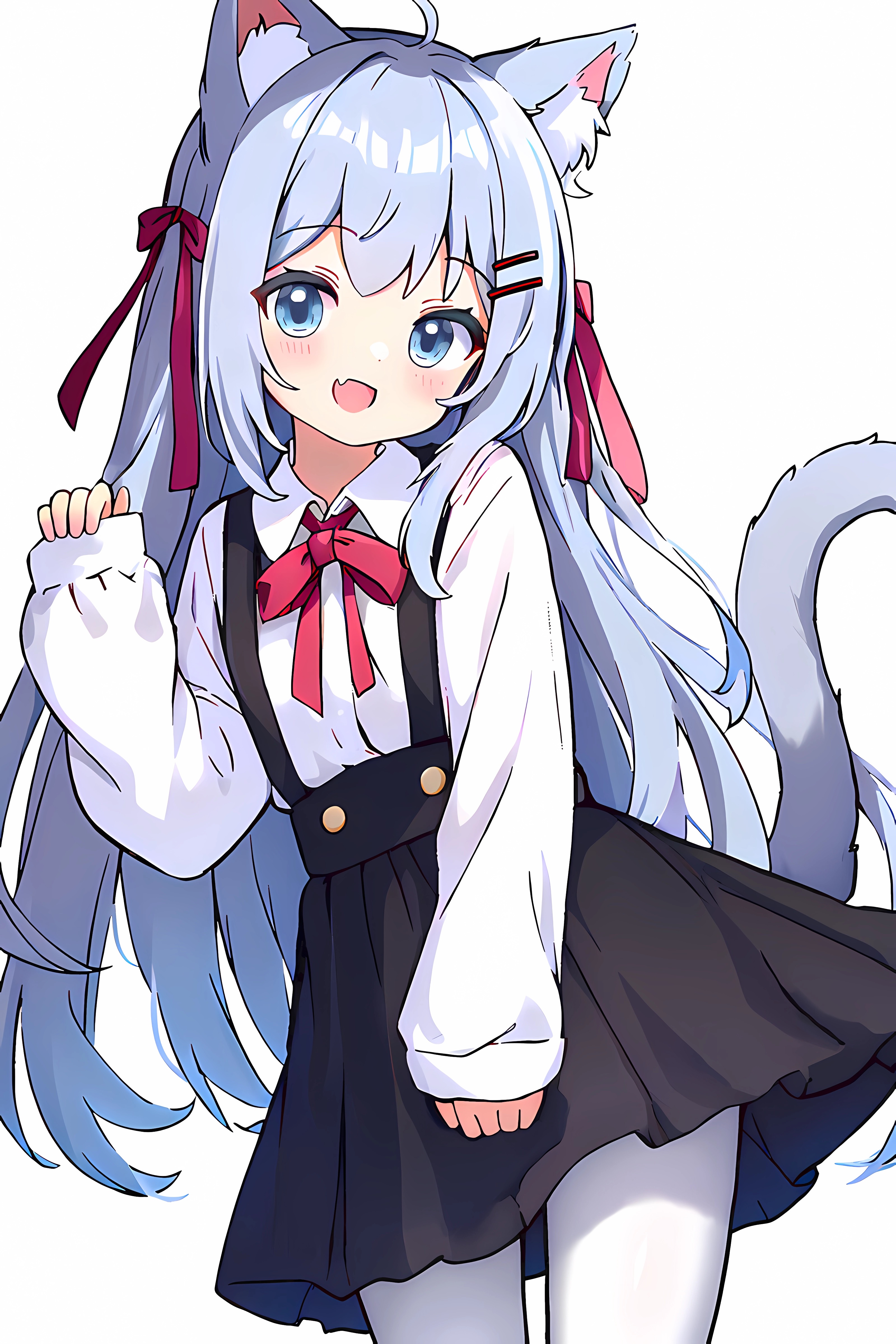 Anime 3200x4800 animal ears cat girl cat ears cat tail looking at viewer blushing anime girls bow tie simple background white background standing minimalism long hair blue hair blue eyes loli