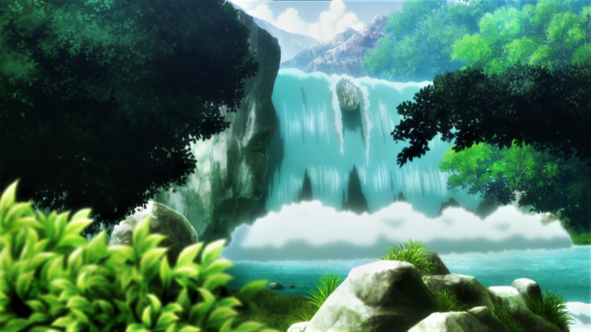 Anime 1920x1080 Hunter x Hunter waterfall trees water rocks clouds anime anime screenshot leaves