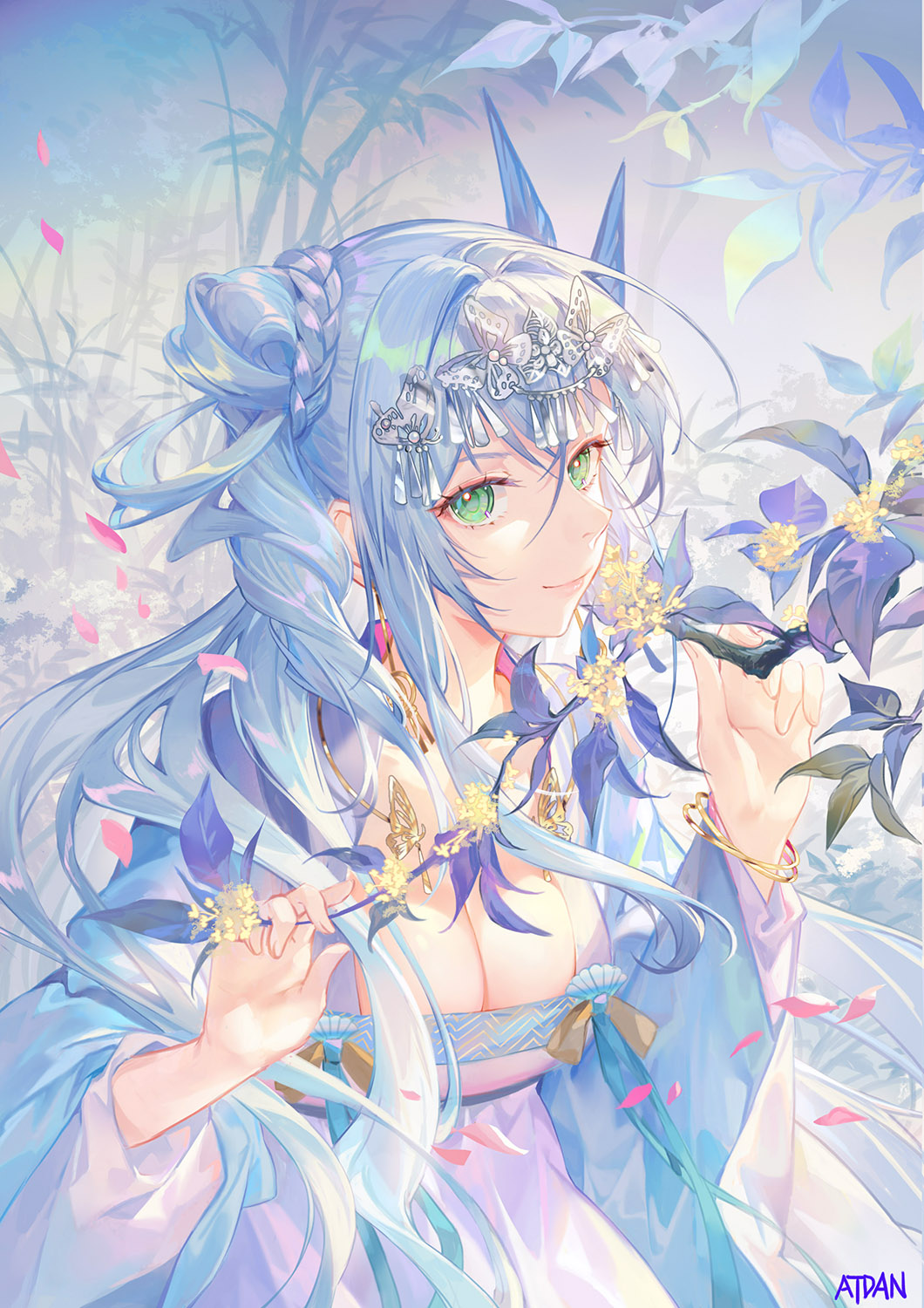 Anime 1060x1500 Pixiv anime anime girls Atdan blue hair portrait display leaves petals looking at viewer signature cleavage long hair green eyes