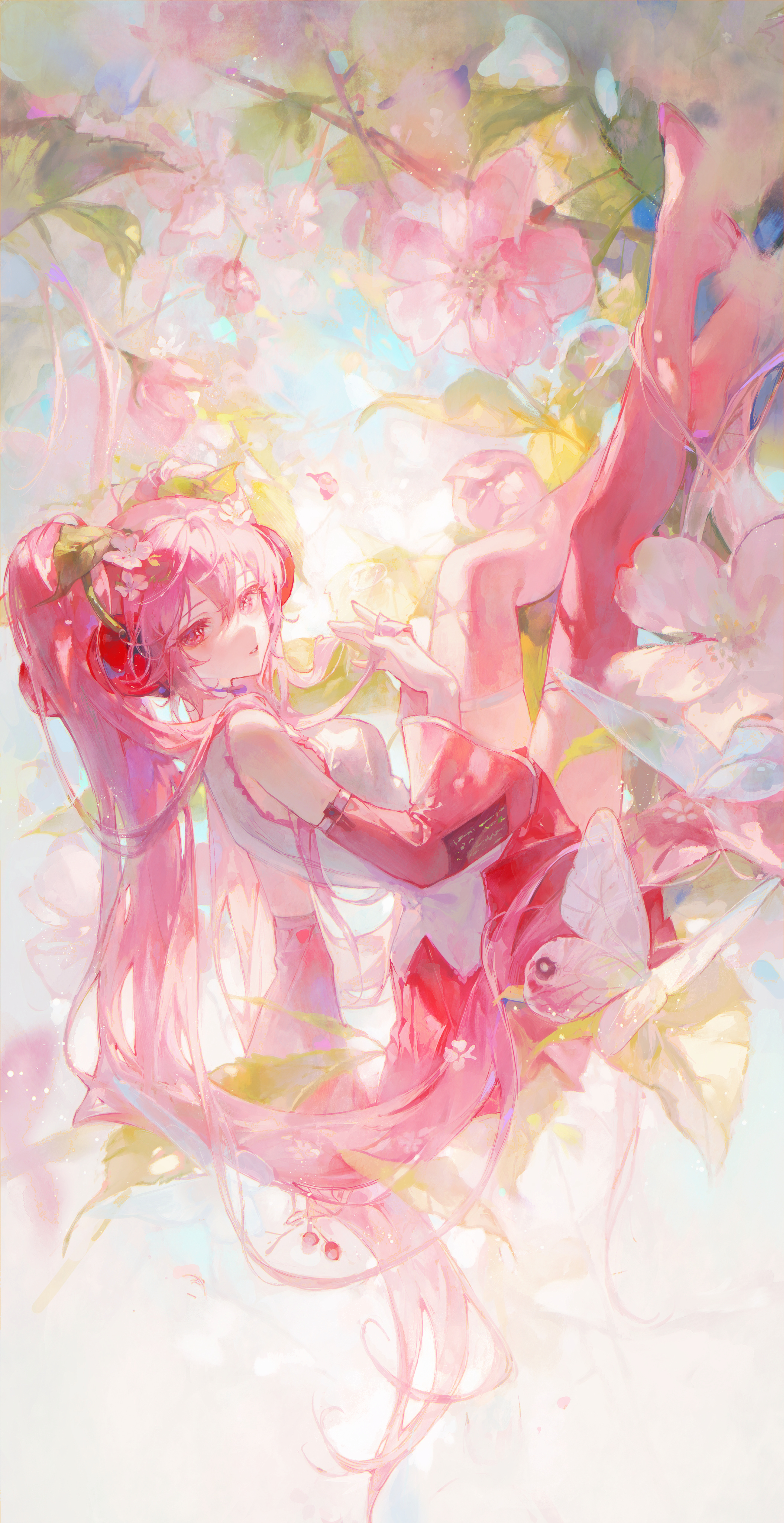 Anime 3124x6066 Maccha anime girls Hatsune Miku Vocaloid Sakura Miku twintails pink hair pink eyes long hair looking at viewer portrait display dress flowers petals flower in hair