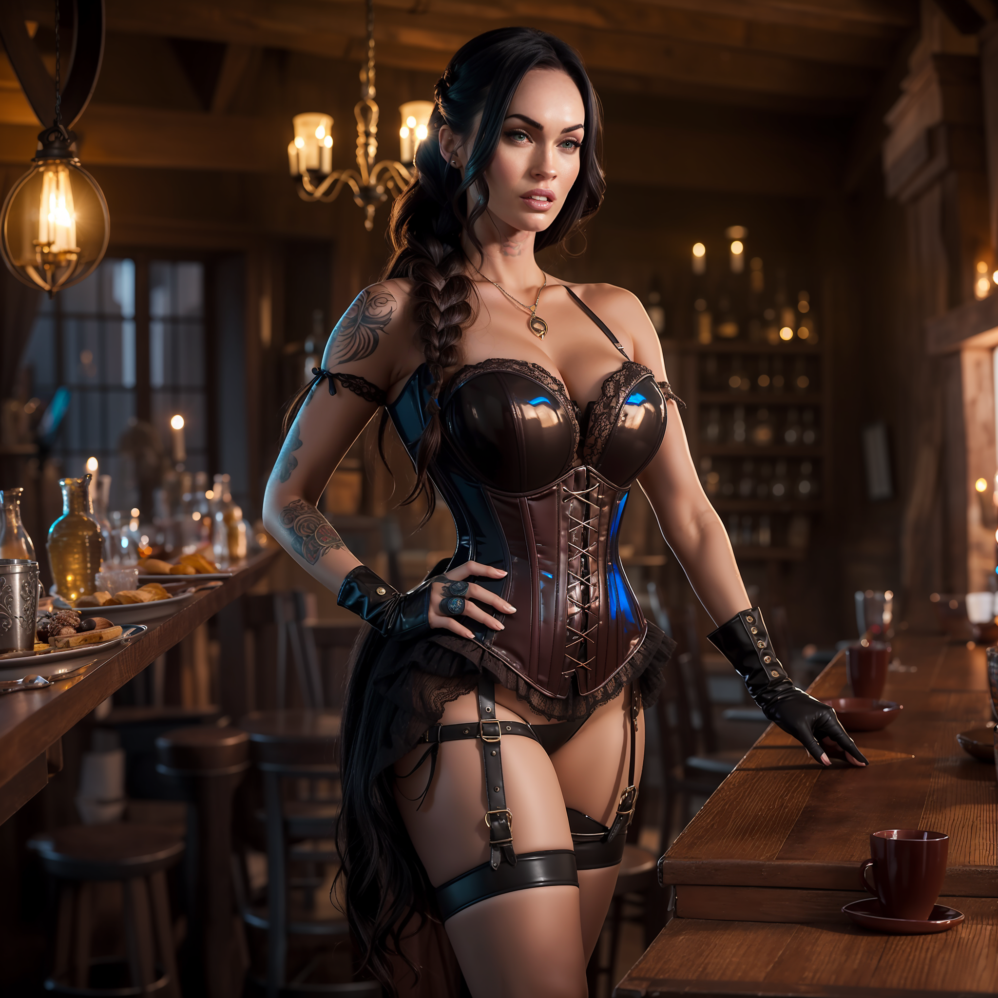 General 2048x2048 Megan Fox AI art hands on hips cleavage gloves drink bar chandeliers standing portrait display digital art necklace big boobs blurred blurry background corset cup