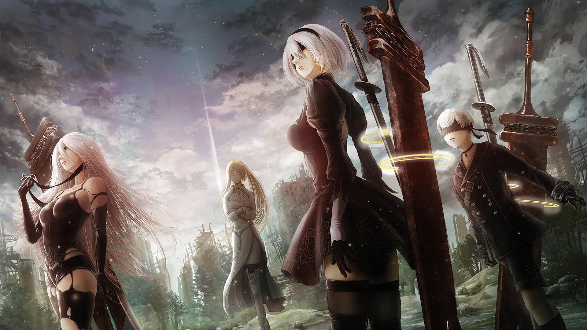 Anime 1920x1080 standing clouds elbow gloves looking away Commander White (Nier: Automata) Nier: Automata blindfold 2B (Nier: Automata) anime 9S (Nier: Automata) A2 (Nier: Automata) weapon long hair anime girls torn clothes stockings