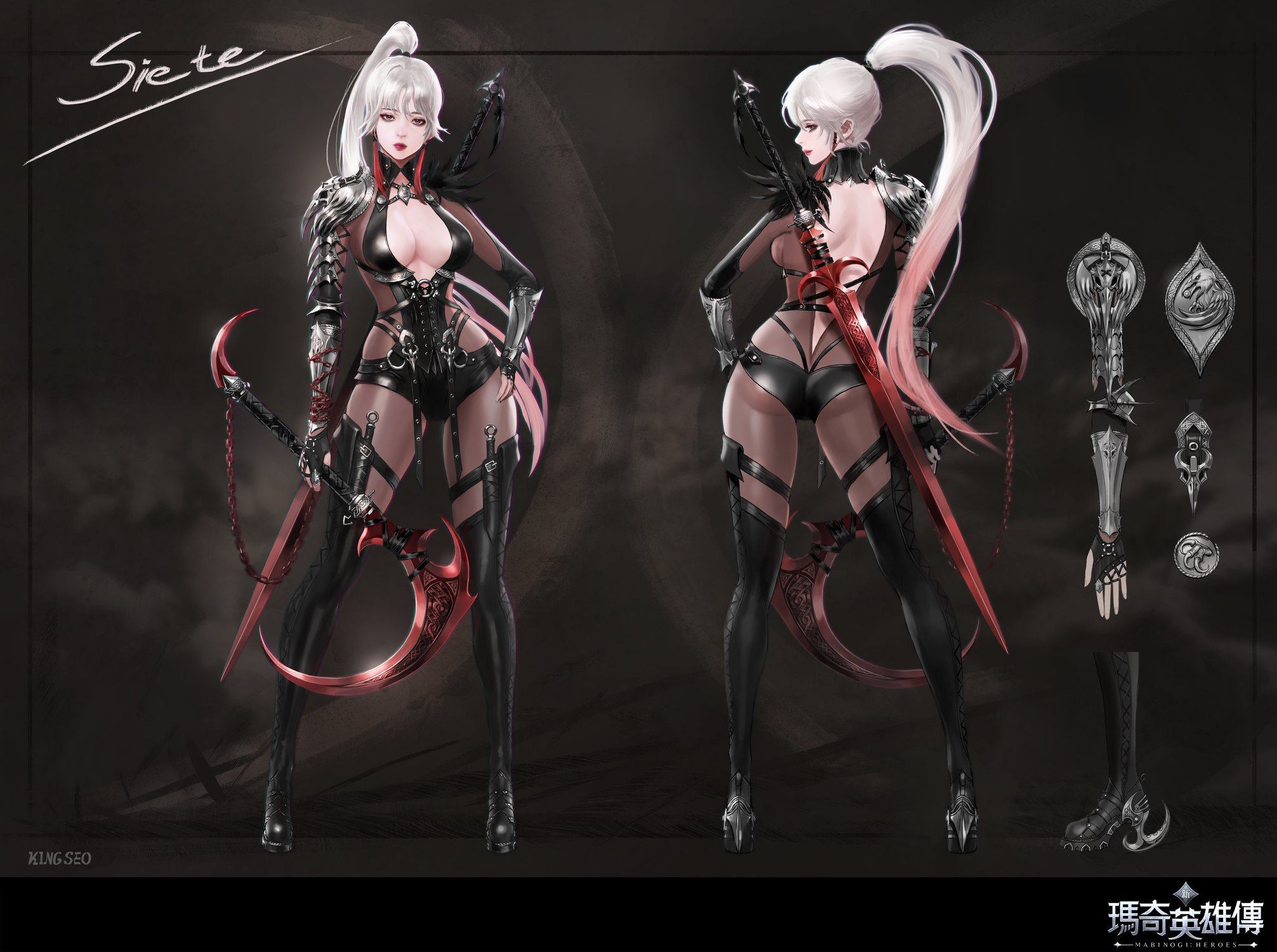 General 2012x1500 Mabinogi Heroes Vindictus Luo Qi Ying Xiong Zhuan video game characters video game art video games ass cleavage big boobs standing ponytail two tone hair gradient hair long hair looking at viewer simple background concept art minimalism video game girls weapon sword