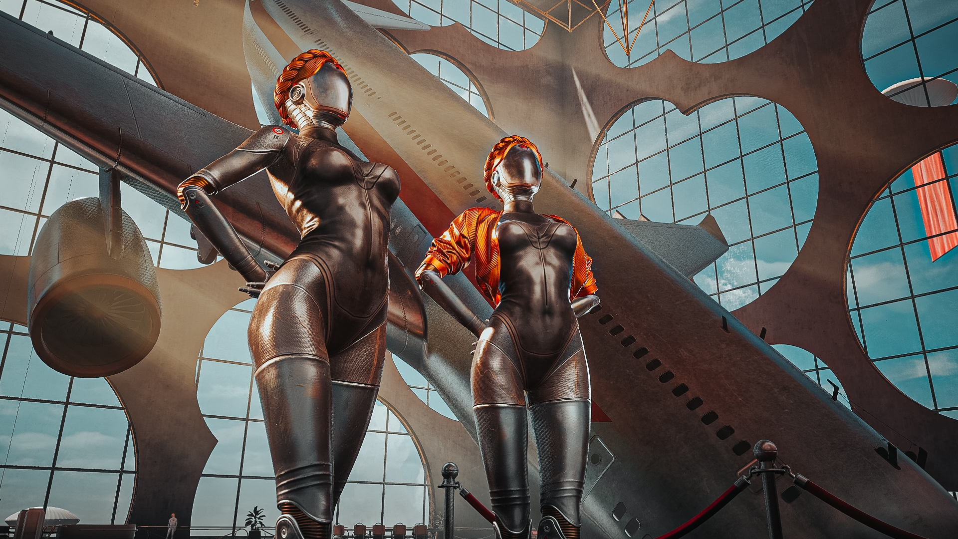 General 1920x1080 Atomic Heart video games video game characters robot cyborg The Twins (Atomic Heart) fictional character Mundfish standing video game art sunlight aircraft airplane faceless tight clothing