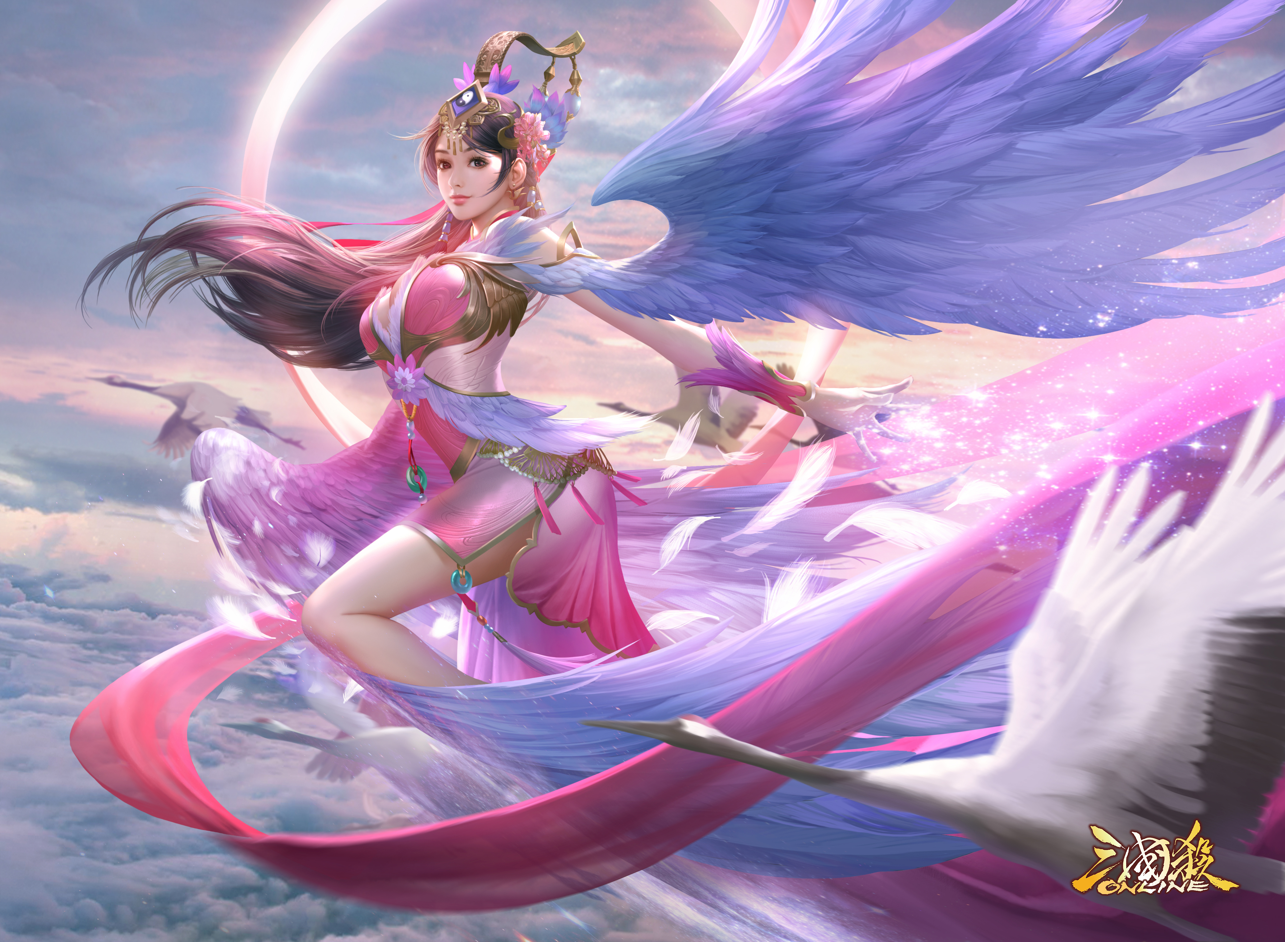 General 4134x3030 sanguosha Asian women video game art video game characters smiling video games logo clouds sky looking at viewer long hair wings feathers geese animals