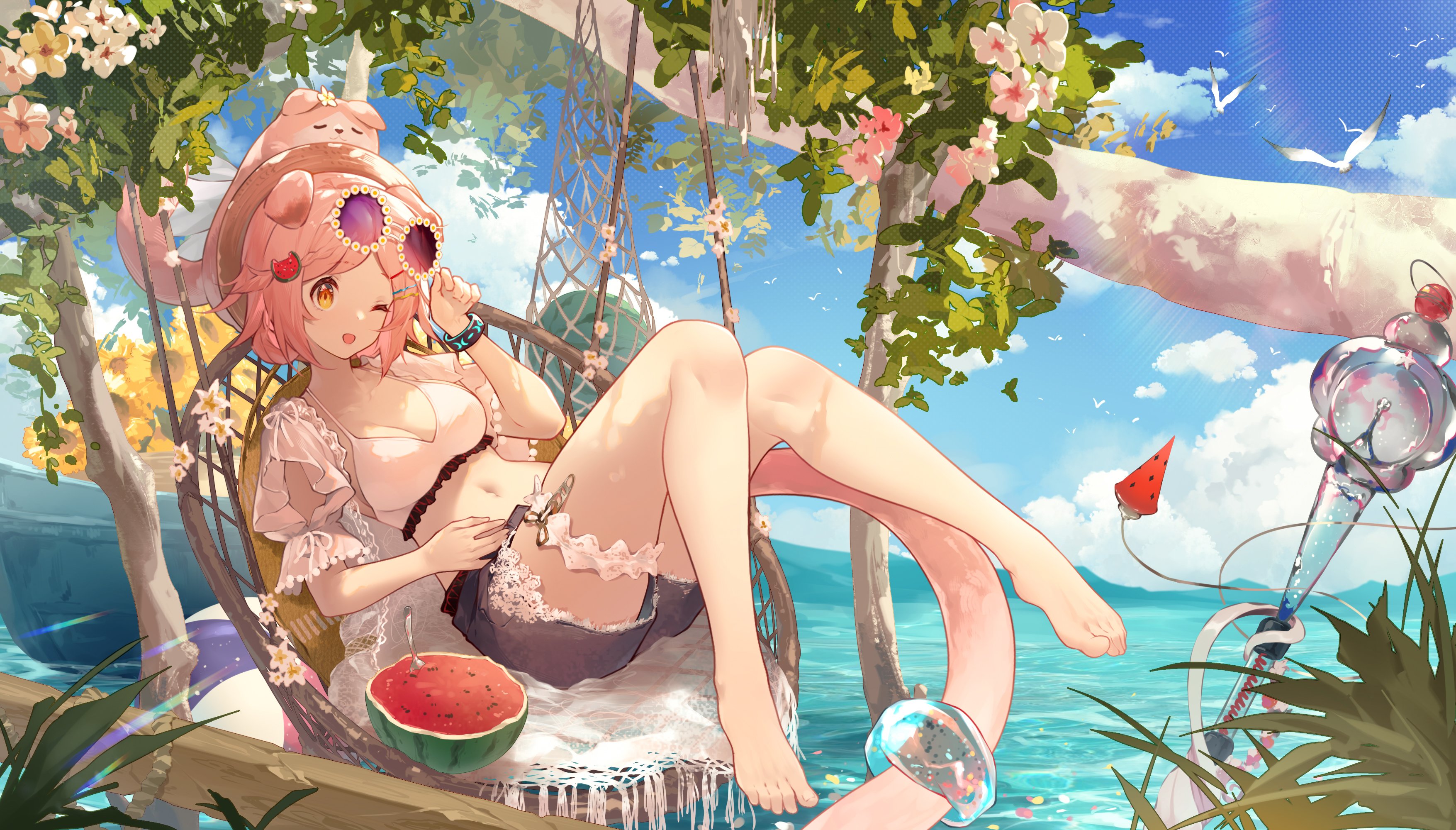 Anime 3510x2000 Arknights animal ears portrait display anime girls Goldenglow (Arknights) sea sunglasses beach ball yellow eyes cat girl looking at viewer fruit flowers women outdoors open mouth barefoot one eye closed cat tail XiTongYuXi white bikini hair ornament hair clip jean shorts cleavage boobs pink flowers hibiscus pink hair swimwear palm trees short hair sunflowers birds lying down lying on back smiling seagulls water sky