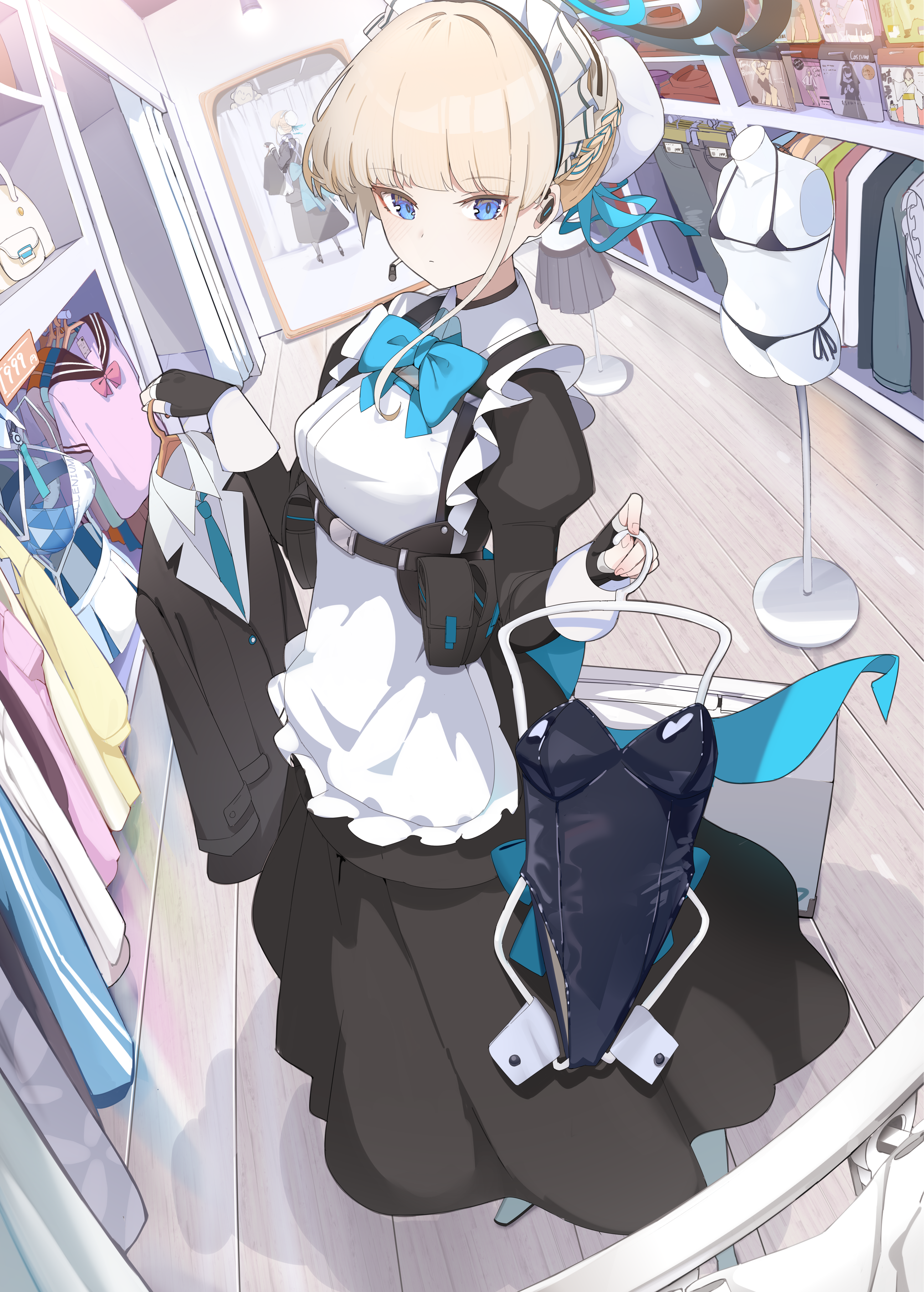 Anime 2592x3625 anime anime girls Asuma Toki (Blue Archive) portrait display bow tie Blue Archive standing maid maid outfit clothes bikini mannequin short hair blonde blue eyes