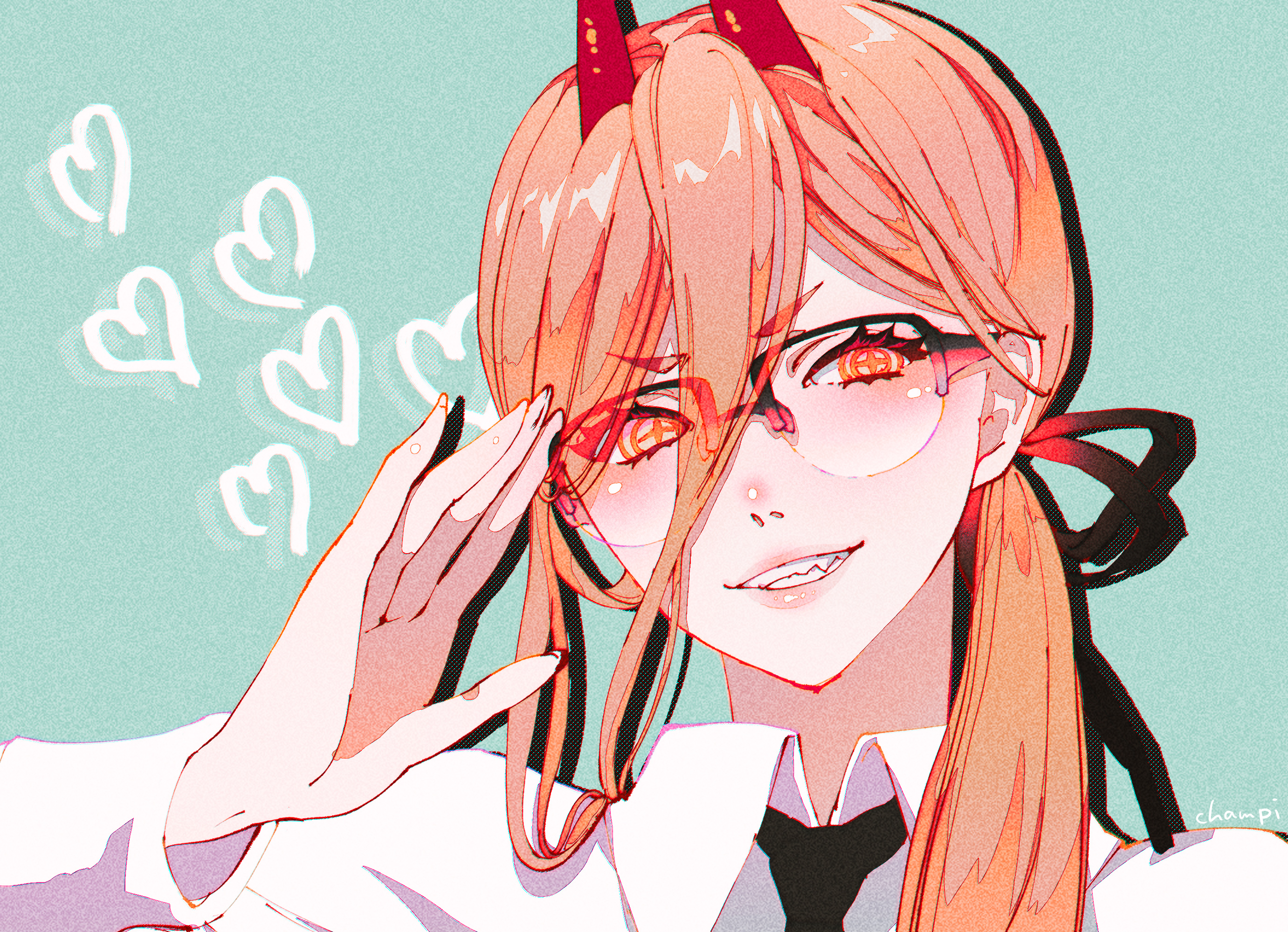 Anime 2763x2000 Chainsaw Man Power (Chainsaw Man) anime girls glasses looking at viewer redhead Shonen Jump smiling simple background heart minimalism blonde horns