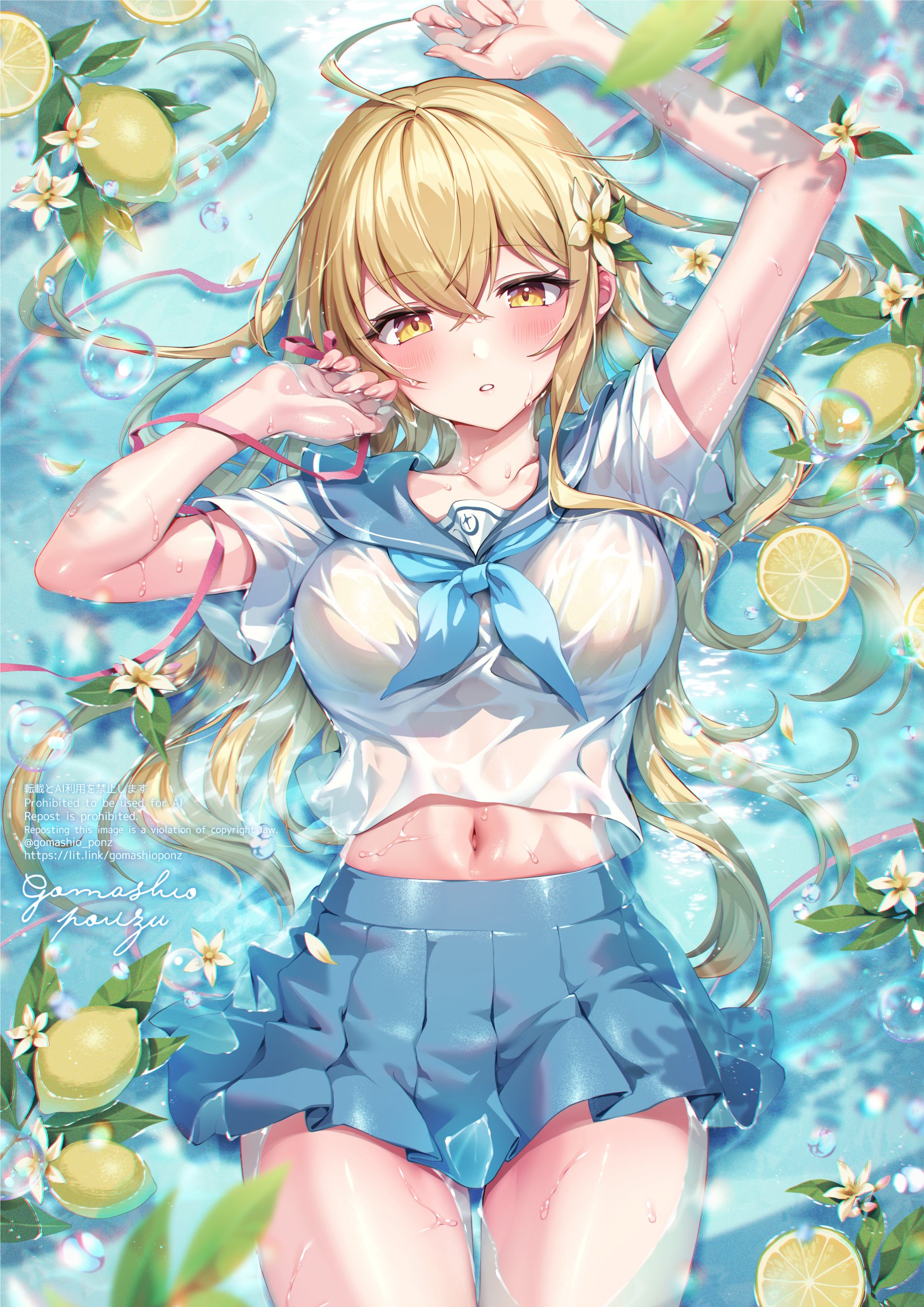 Anime 1765x2497 anime girls portrait display blonde looking at viewer big boobs bare midriff lying down wet clothing wet body hair ornament flower in hair top view Gomashio Ponz water schoolgirl school uniform yellow eyes short sleeves fruit lemons thighs belly button pink ribbon blushing lying on back flowers leaves wet