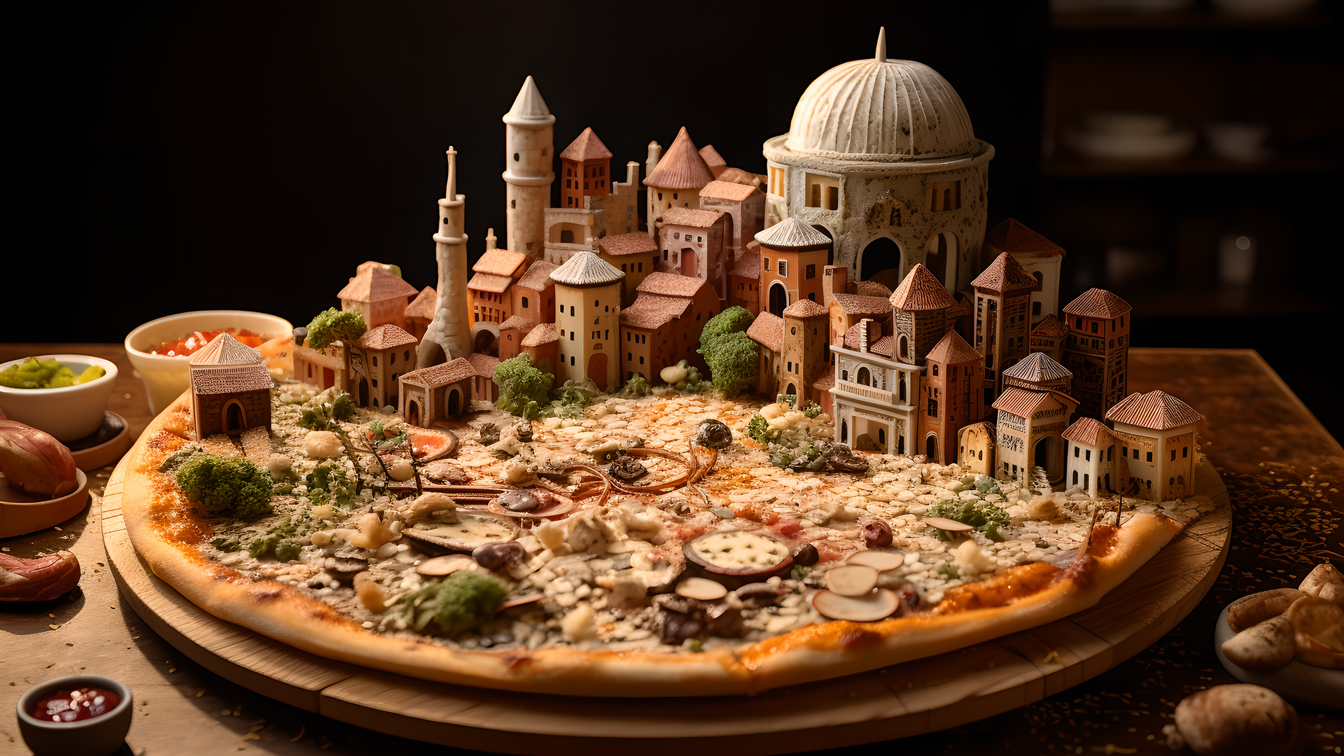 General 1920x1080 AI art Stable Diffusion Italian pizza fantasy architecture food digital art fantasy city building mushroom