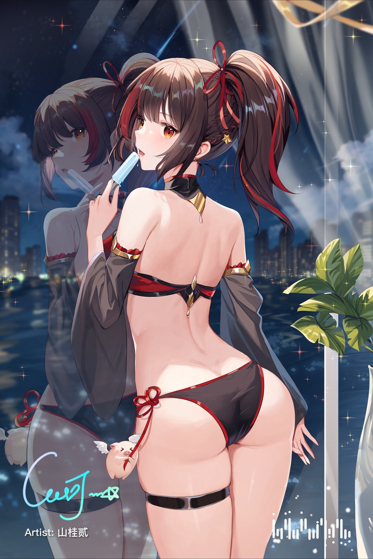 Anime 1242x1863 Virtual Youtuber bikini anime girls portrait display Kero (Virtuareal ) night black bikinis swimwear rear view thigh strap ass looking back butt crack reflection detached sleeves stars starred sky starry night two tone hair brunette choker women indoors ponytail signature cityscape open mouth looking sideways back popsicle bare shoulders hair ornament window hair ribbon Gejigejier eating thighs sky plants leaves sea watermarked
