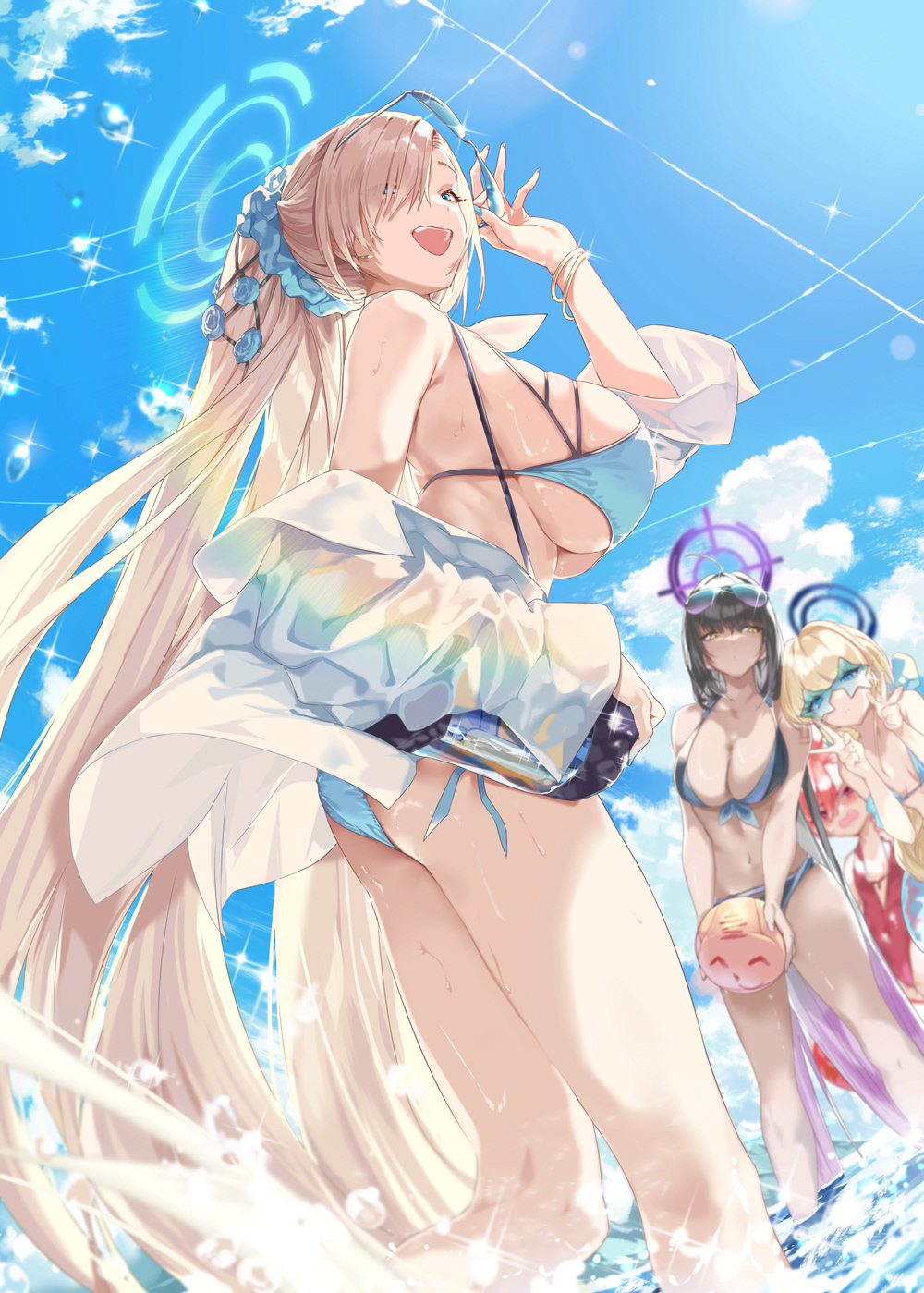 Anime 1000x1399 Blue Archive swimwear anime girls portrait display Asuna Ichinose long hair Kakudate Karin bikini Mikamo Neru peace sign Asuma Toki (Blue Archive) hair over one eye clouds low-angle huge breasts hair ornament cleavage OHLAND open mouth standing in water water looking at viewer thighs looking back outdoors gradient hair sunglasses women quartet ponytail group of women ass open clothes smiling wet beach ball sky