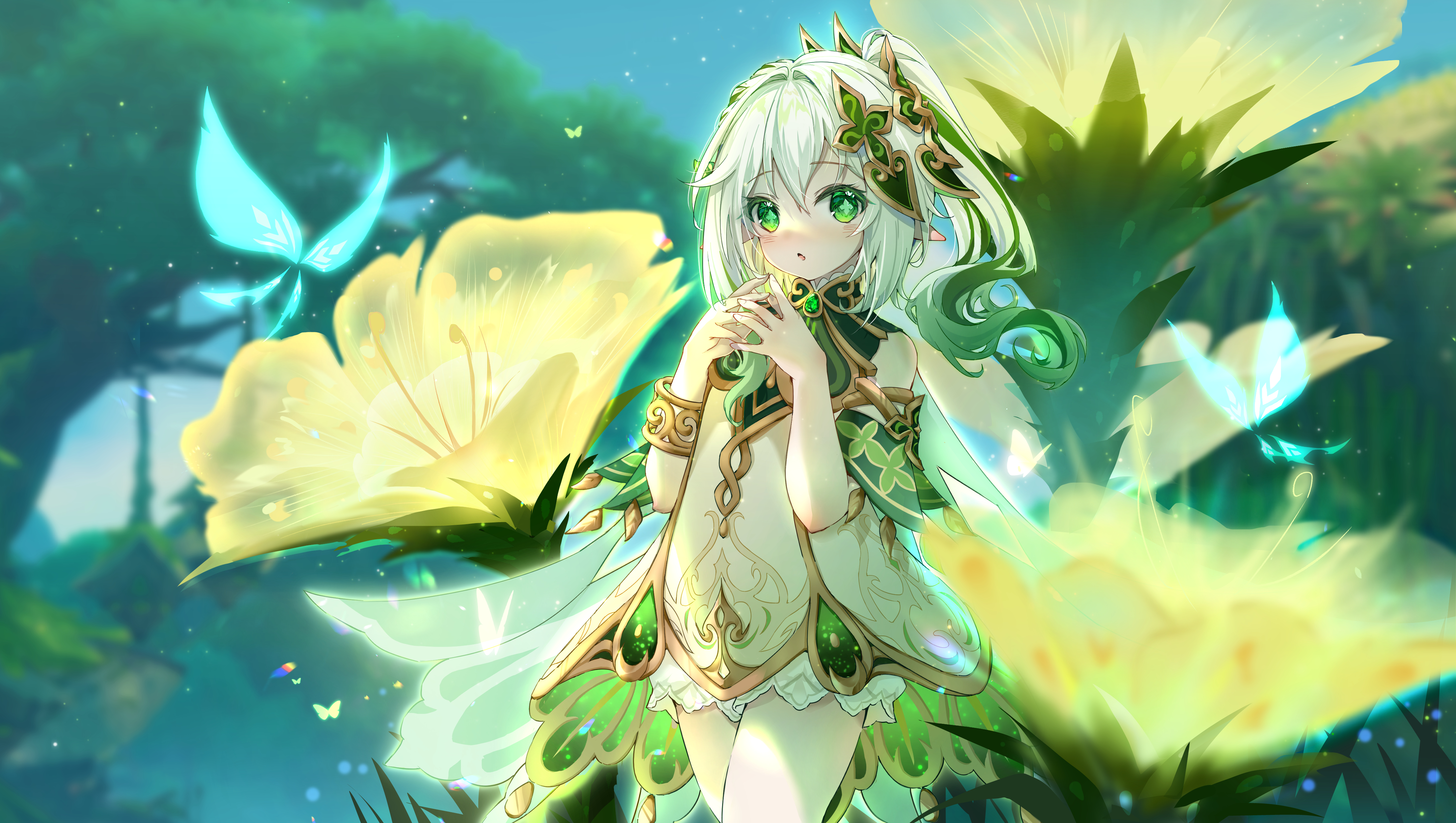 Anime 4316x2440 anime anime girls Nahida (Genshin Impact) Genshin Impact butterfly insect looking at viewer gradient hair two tone hair flowers leaves blurred blurry background pointy ears