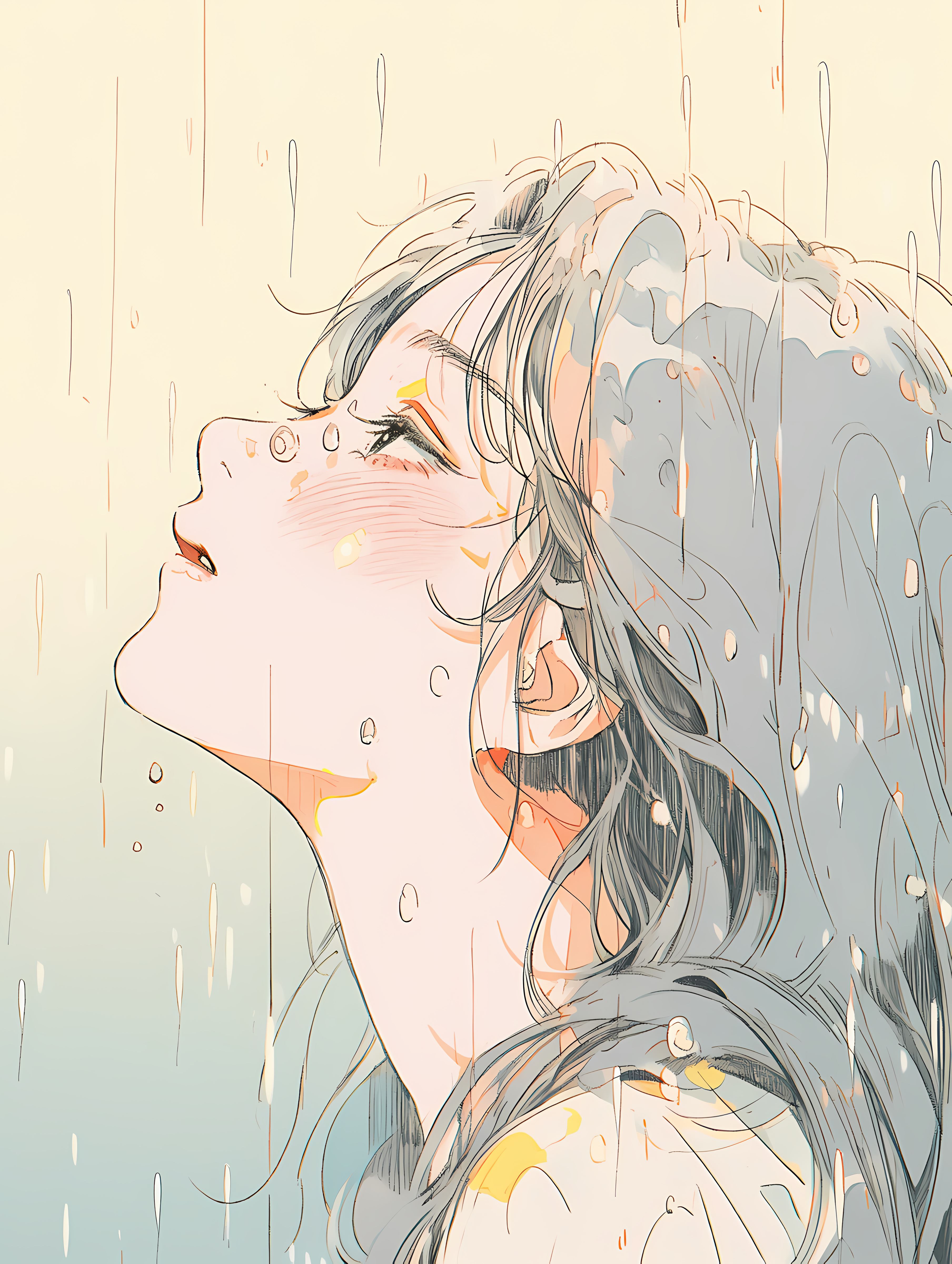 Anime 3616x4800 anime girls anime looking up rain blushing wet long hair minimalism simple background silver hair