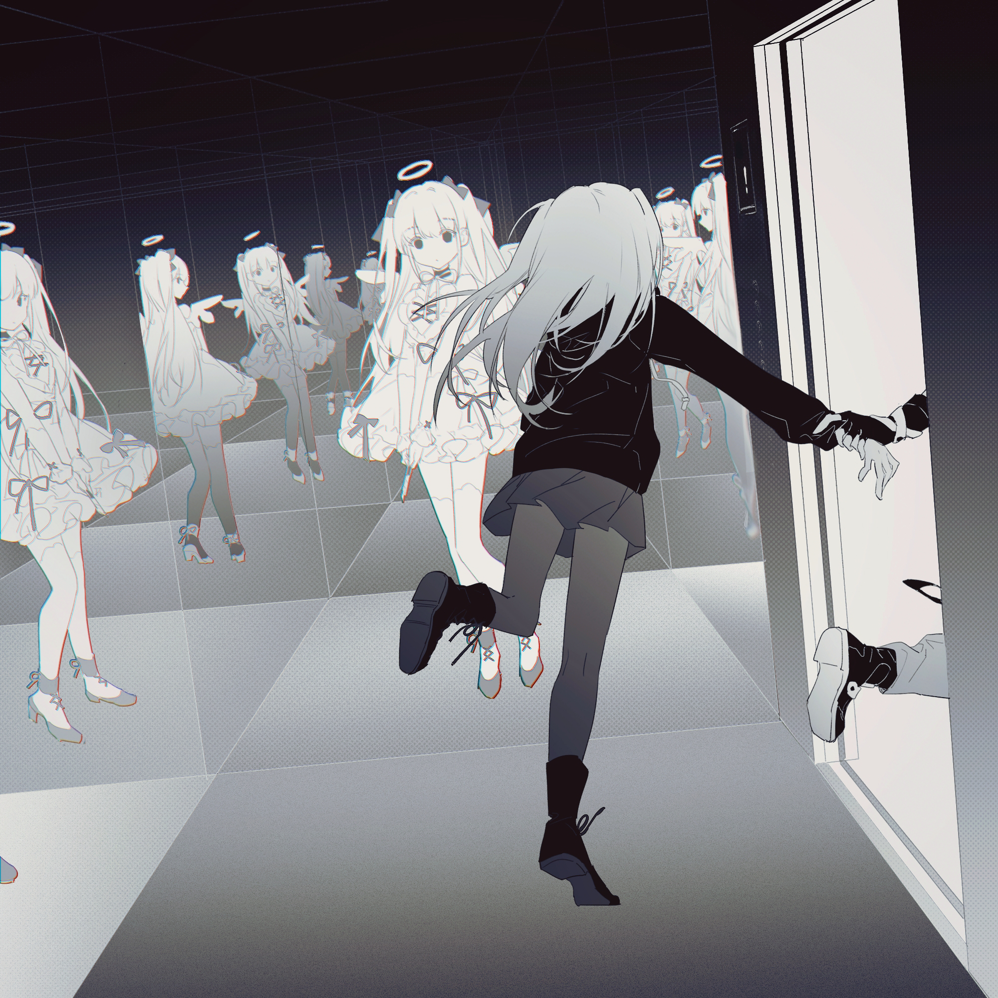 Anime 2000x2000 anime anime girls running reflection halo long hair monochrome standing dress wings