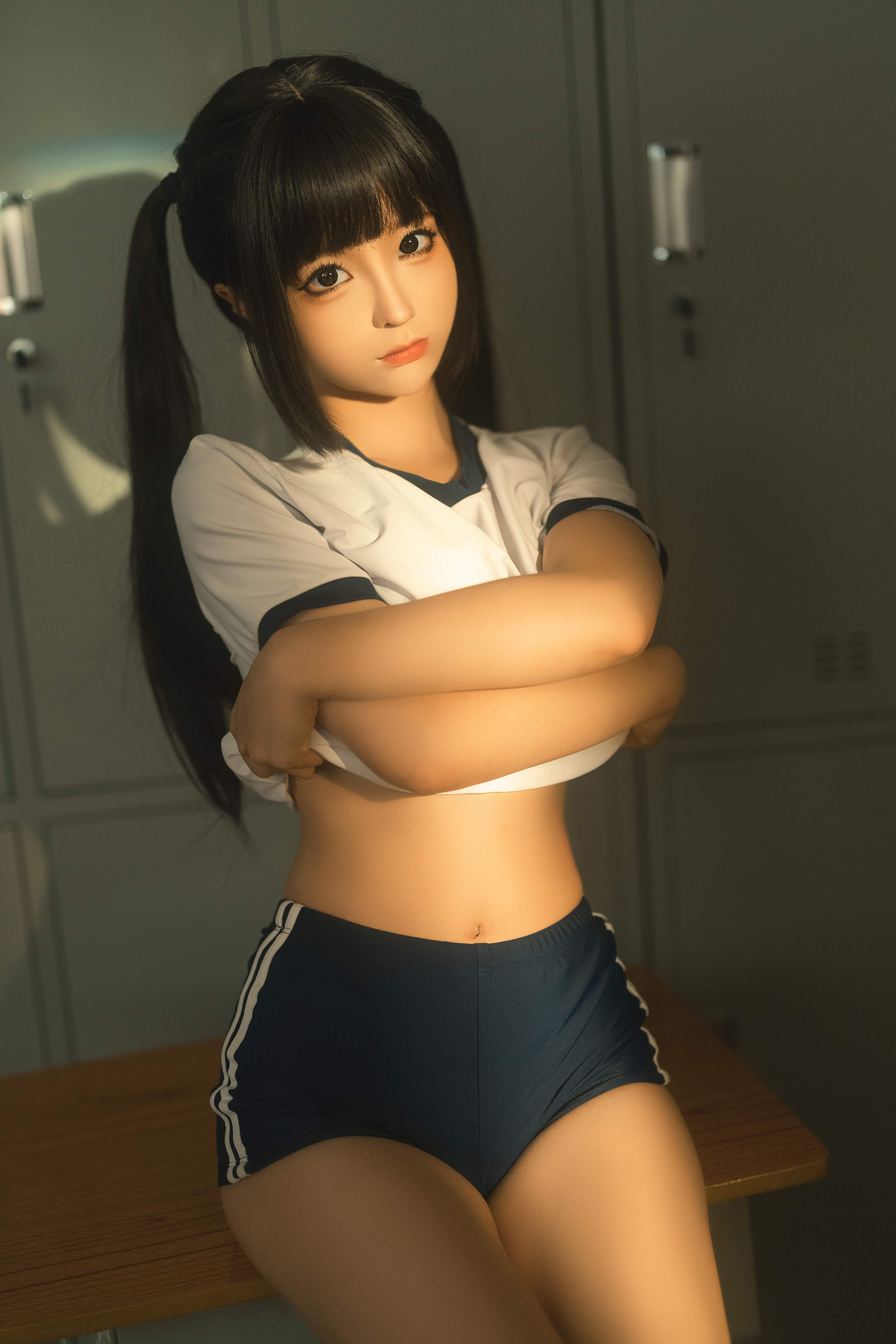 People 3200x4800 Chun Momo women model Asian twintails classroom women indoors schoolgirl T-shirt white tops