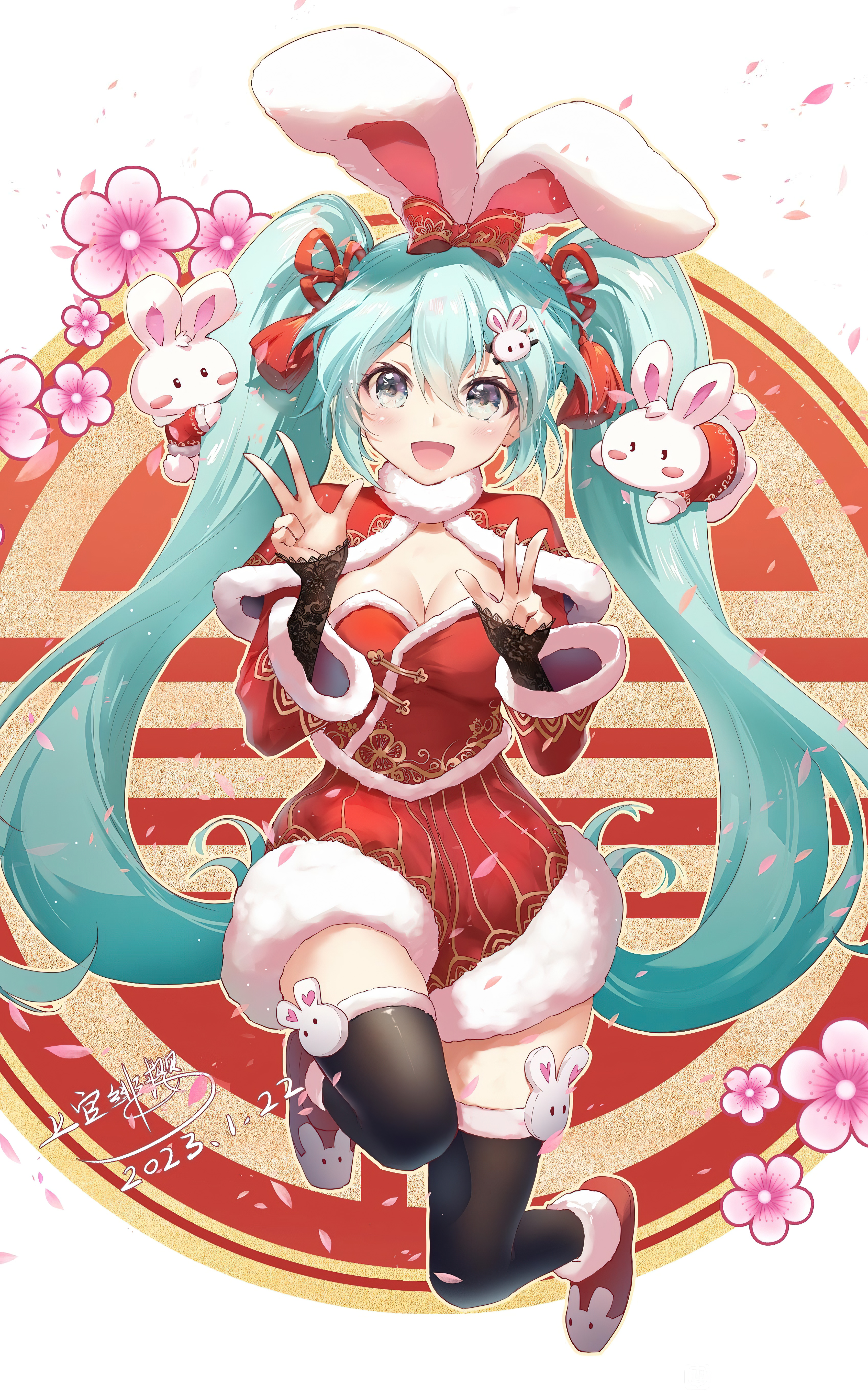 Anime 3394x5476 Hatsune Miku New Year cleavage Shangguan Feiying anime girls portrait display Vocaloid Chinese clothing rabbits twintails long hair flowers petals