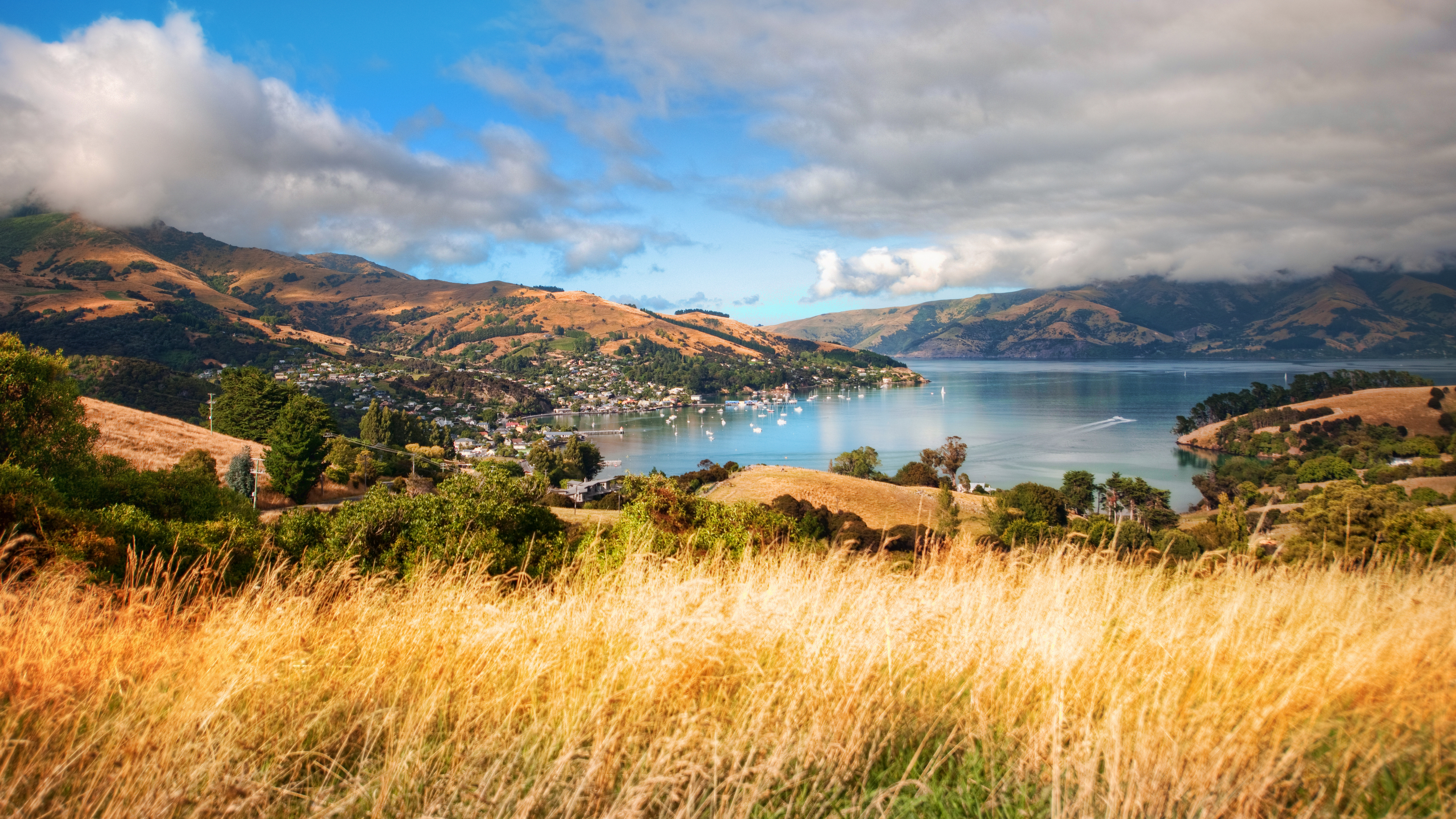 General 3840x2160 Trey Ratcliff photography New Zealand Akaroa landscape nature water boat mountains hills house trees field clouds bay sky