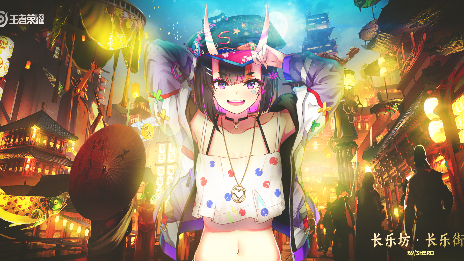 Anime 1920x1080 Fate series anime Akiba's Trip anime girls demon horns two tone hair lights belly necklace hat Honor of Kings