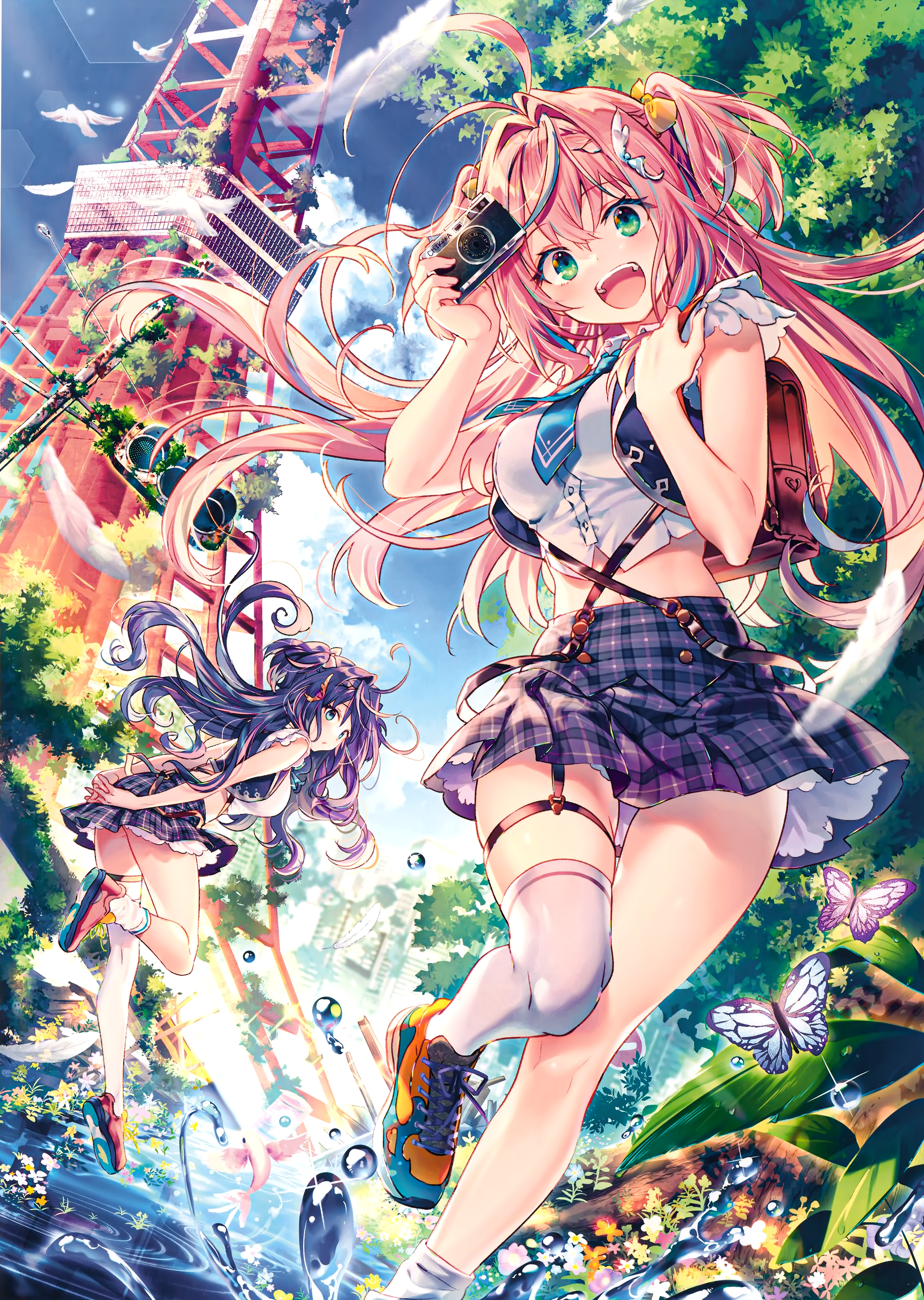 Anime 2527x3555 anime girls Riichu Rianastia Flugel portrait display Luanastia Fluegel water two women cropped long hair pink hair purple hair miniskirt looking at viewer sky clouds green eyes smiling open mouth Tokyo Tower butterfly leaves flowers tie water drops blue eyes trees mismatched socks backpacks suspenders missing stocking feathers arm(s) behind back camera fish traffic lights sunlight women outdoors two tone hair foliage sneakers thigh strap hair ornament blushing birds bare midriff