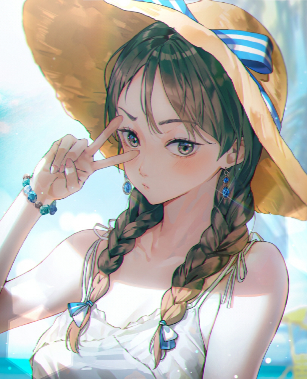 Anime 1038x1280 original characters summer brunette twintails sun hats peace sign portrait display anime girls straw hat braids looking at viewer