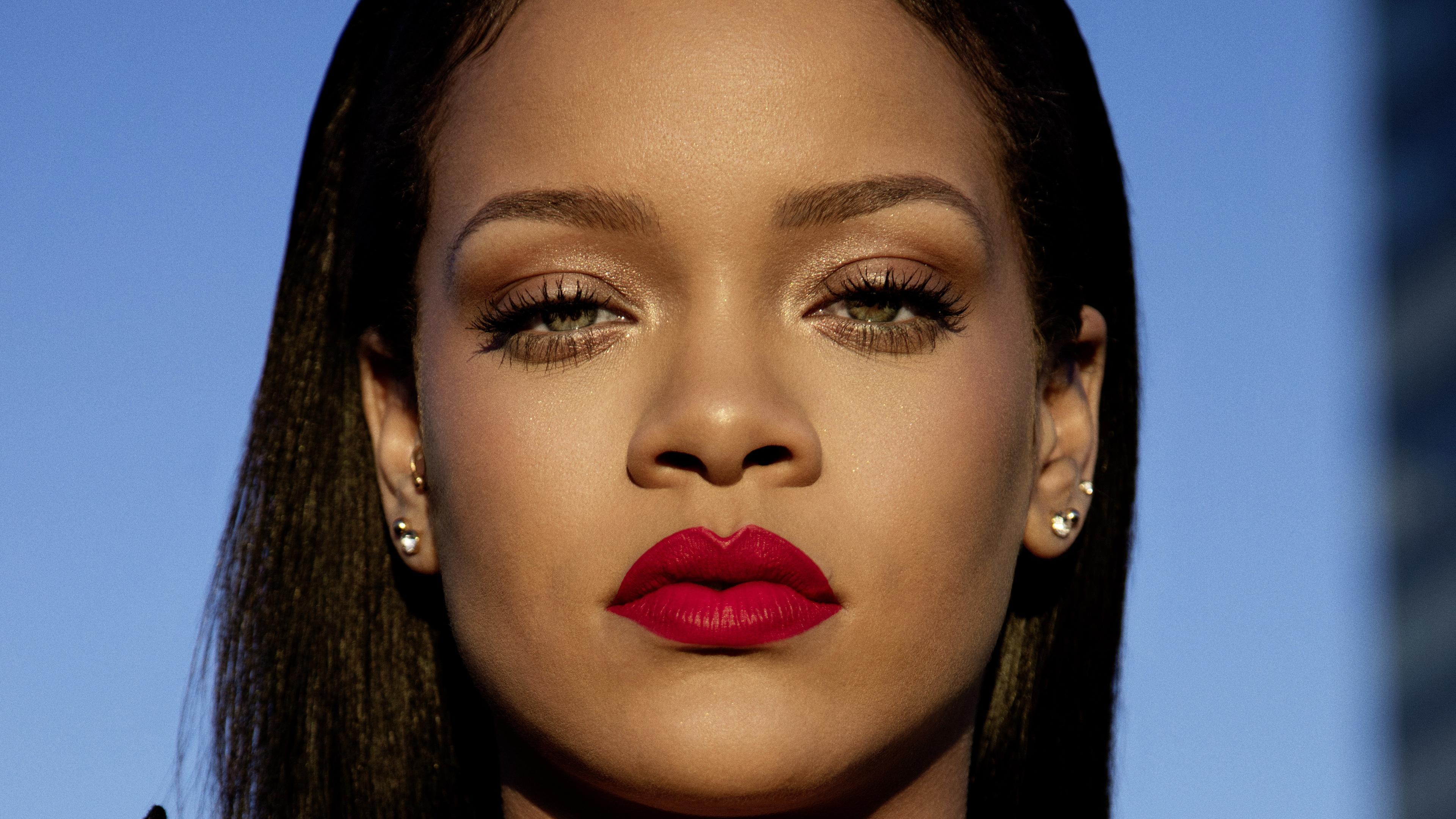 People 3840x2160 Rihanna singer face brunette green eyes red lipstick earring women closeup