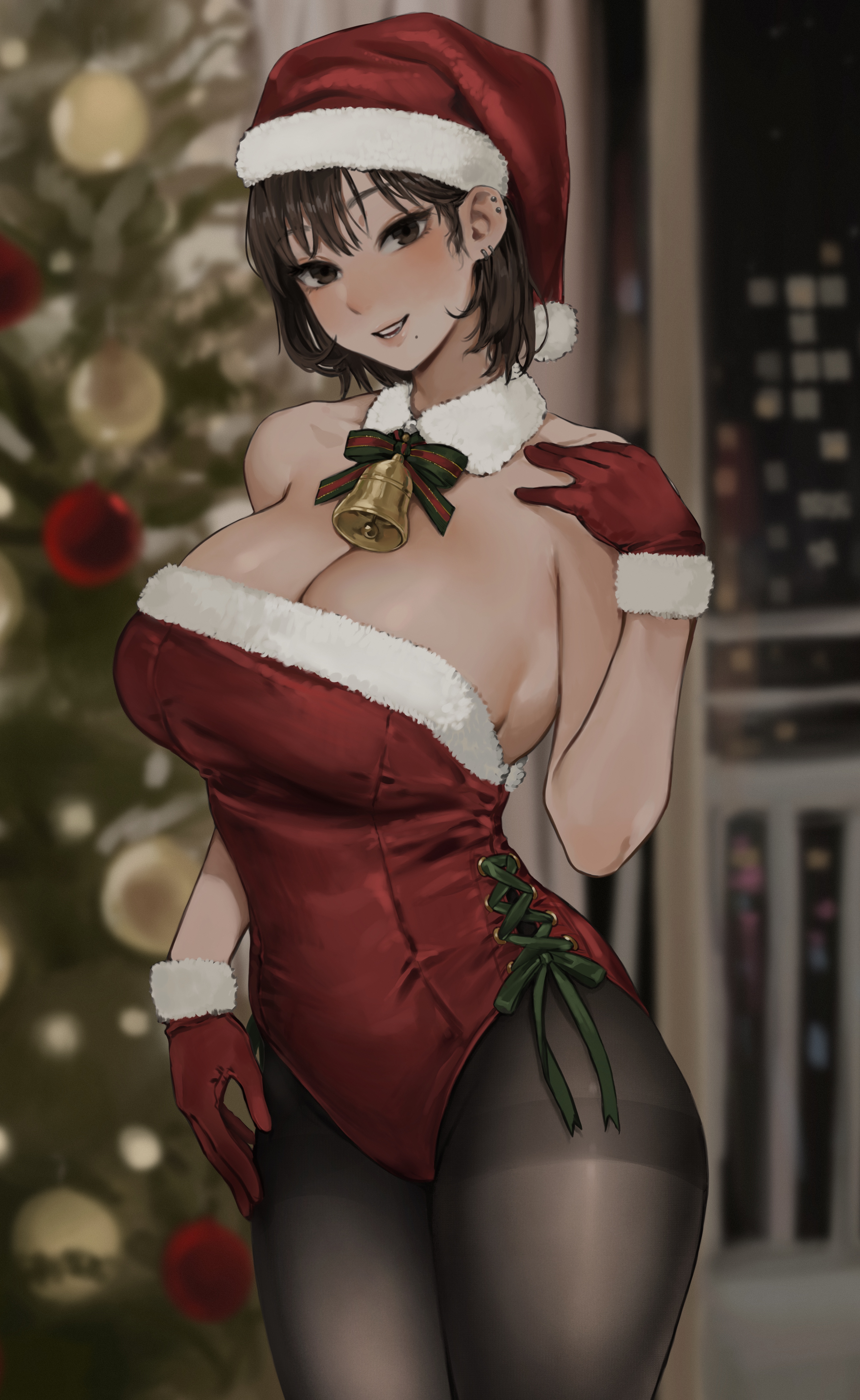 Anime 4263x6938 anime anime girls original characters portrait display Christmas Christmas tree Santa hats gloves moles mole under mouth leotard red leotard pantyhose red gloves cleavage big boobs Santa costume Christmas clothes smiling blushing pierced ear neck cuff brunette brown eyes bodysuit bells looking at viewer