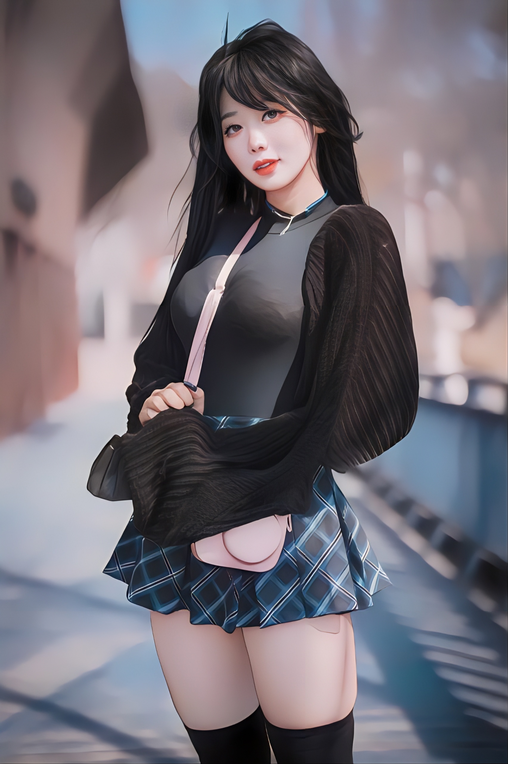 General 1704x2560 model bokeh Asian thighs skirt women Zia Kwon portrait display purse photoshopped AI art
