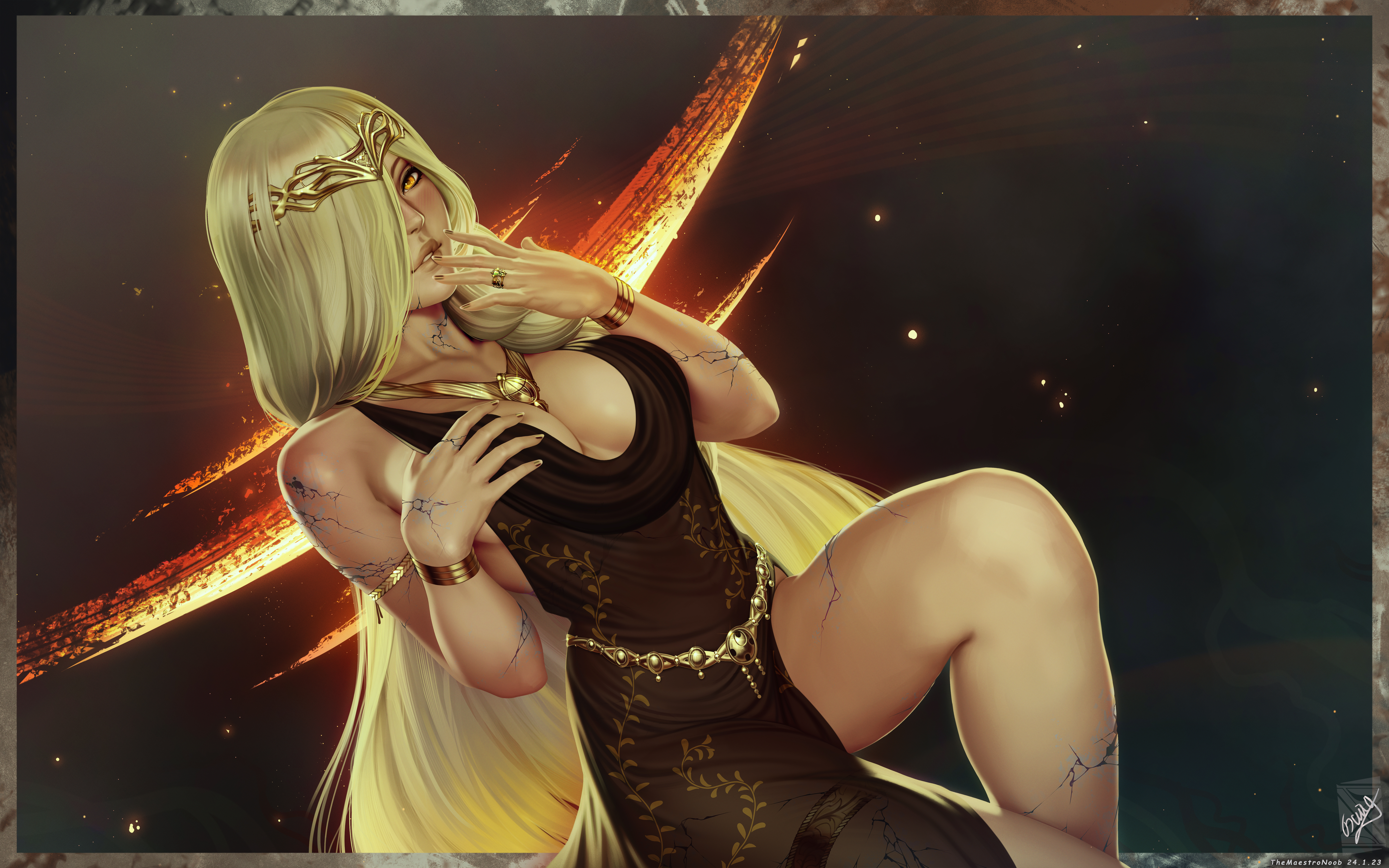 General 6000x3750 Queen Marika Elden Ring video games video game girls video game characters blonde 2D artwork drawing fan art TheMaestroNoob hair over one eye dress big boobs cleavage
