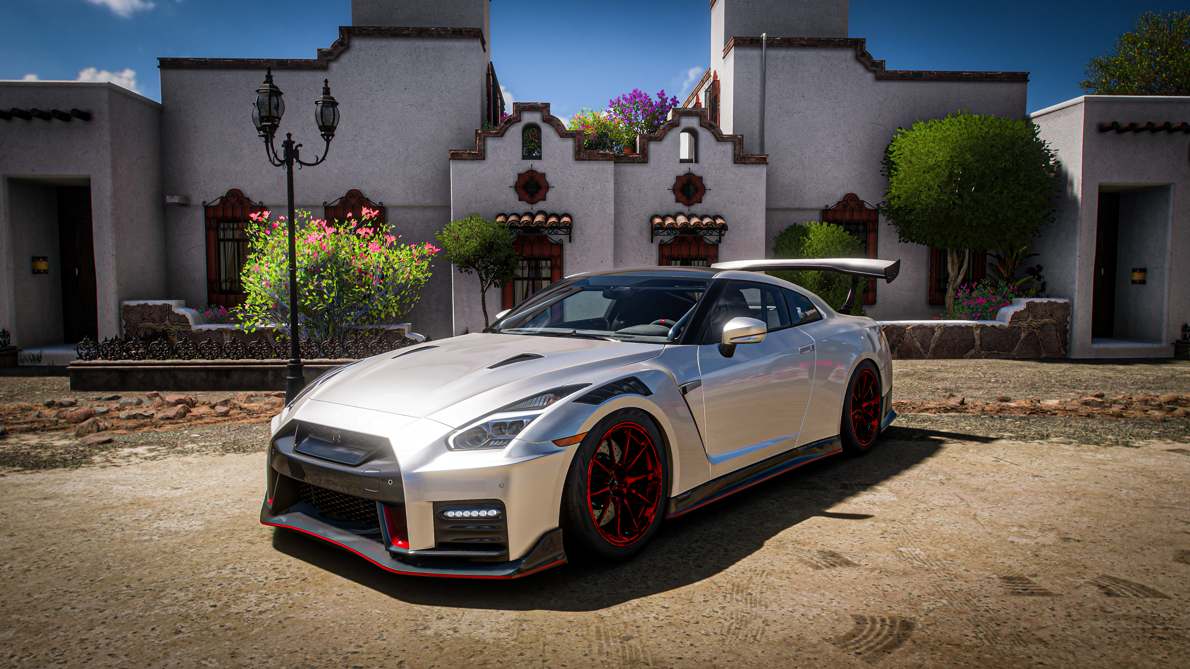 General 3840x2160 Forza Horizon 5 Forza Horizon Forza Nissan Nissan GT-R Nissan GT-R NISMO video games car vehicle CGI frontal view building flowers